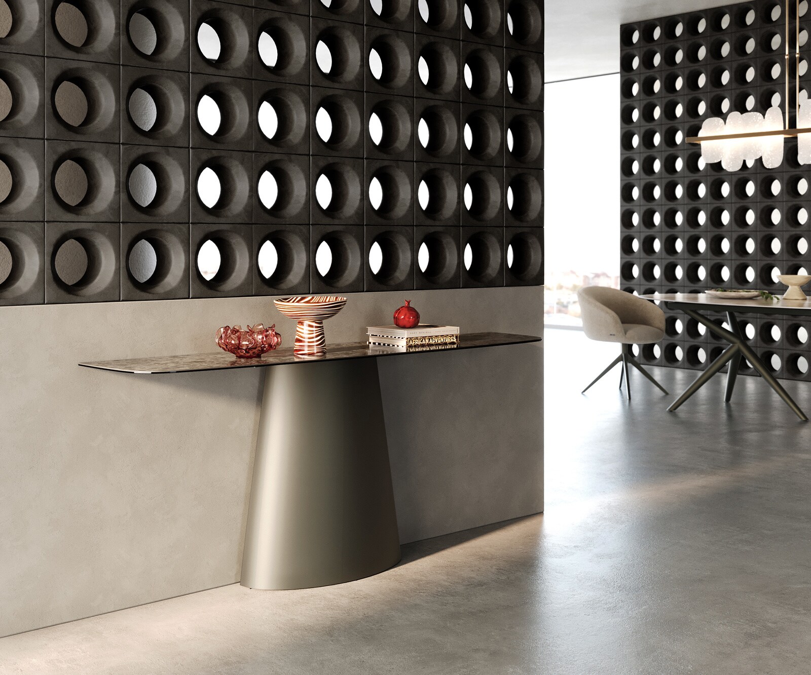 Console Edge forme bateau 180x40 cm Céramique Emperador Extra Lucidato Dunkelbraun Conos Métal Effektfinish Titan 7