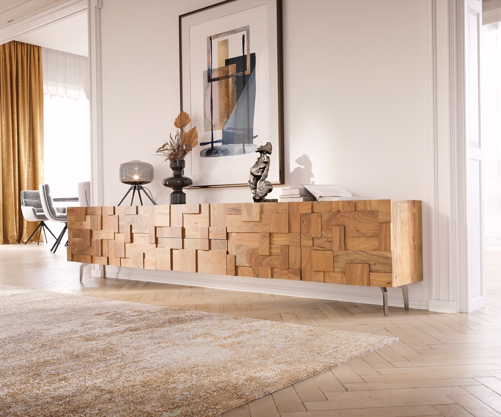 Meuble-TV Puzzle 260 cm acacia naturel pied équerre inoxydable