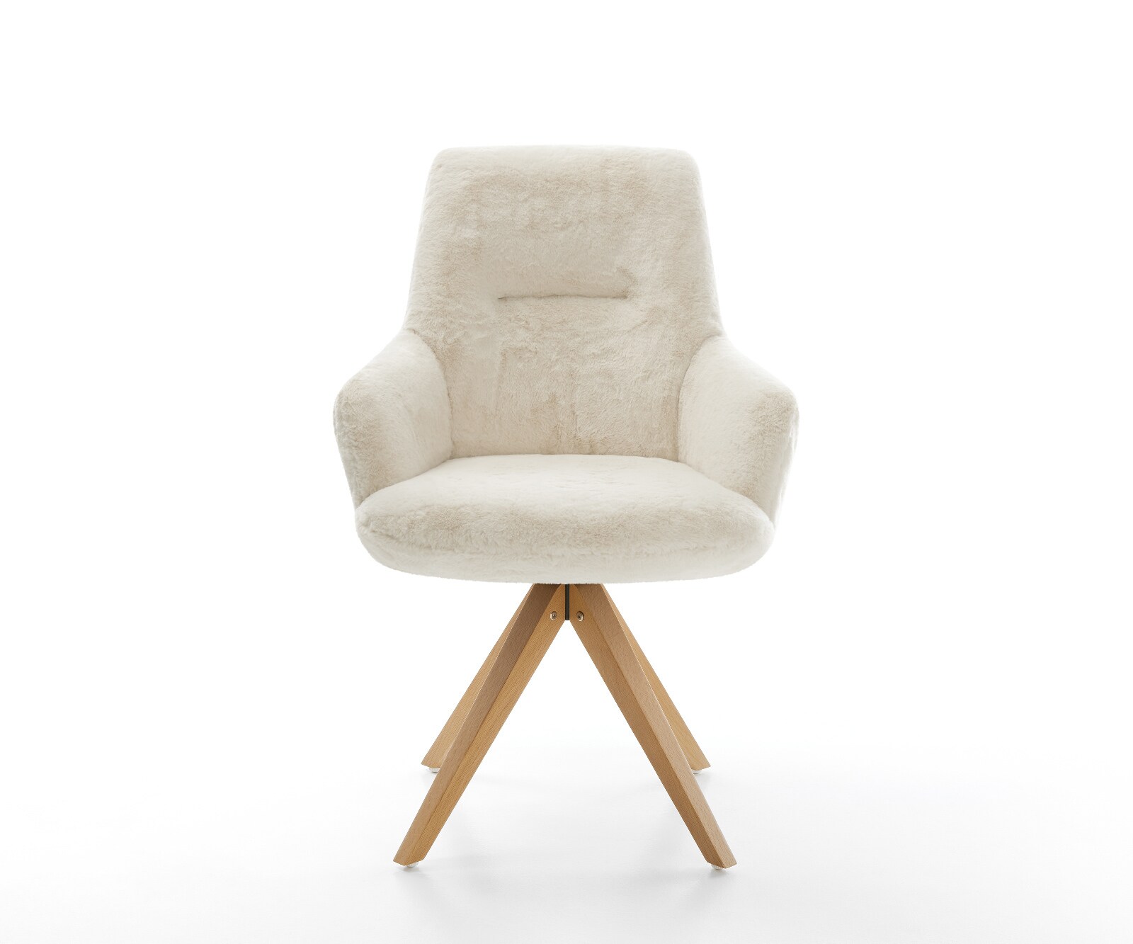 Chaise-pivotante Zelia-Flex avec accoudoirs peluche crème-blanc pied en bois angulaire naturel pivotement sur 180° resorts ensachés 1