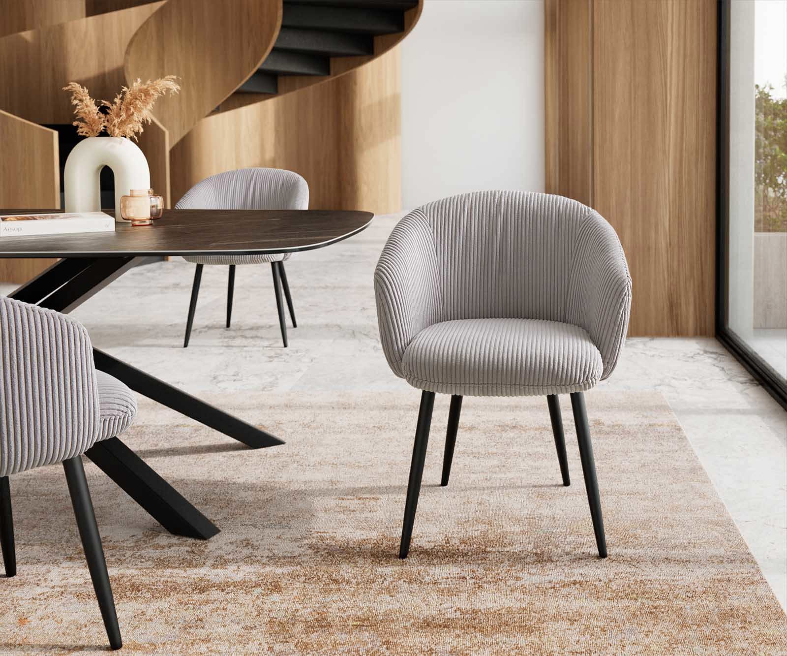 Chaise-de-salle-à-manger Caja-Flex avec accoudoirs côtelé gris argenté 4 pieds coniques noir ressorts ensachés 1 Chaise-de-salle-à-manger Caja-Flex avec accoudoirs côtelé gris argenté 4 pieds coniques noir ressorts ensachés 1