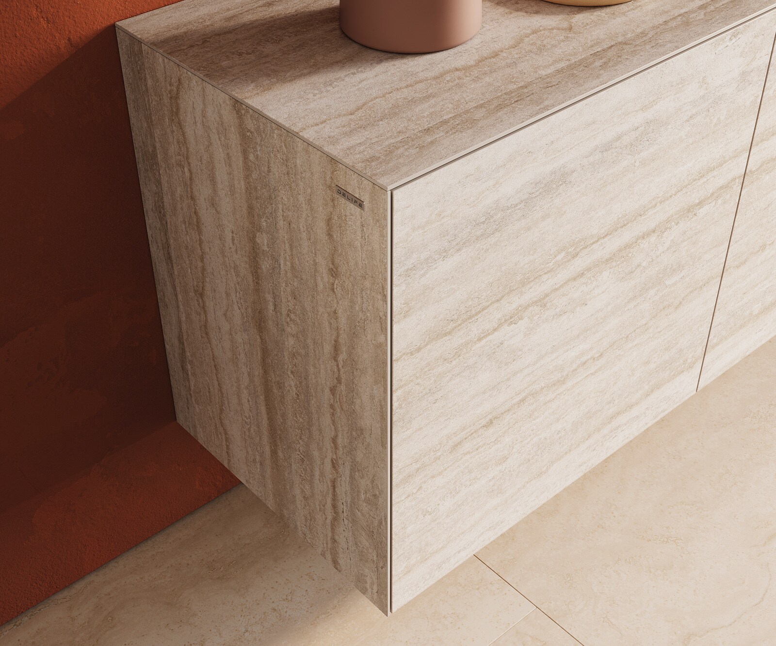 Buffet Cuor 180 cm Céramique Laminam® Travertino Bianco Crème-blanc 2 Portes 3 Tiroirs Flottant 5