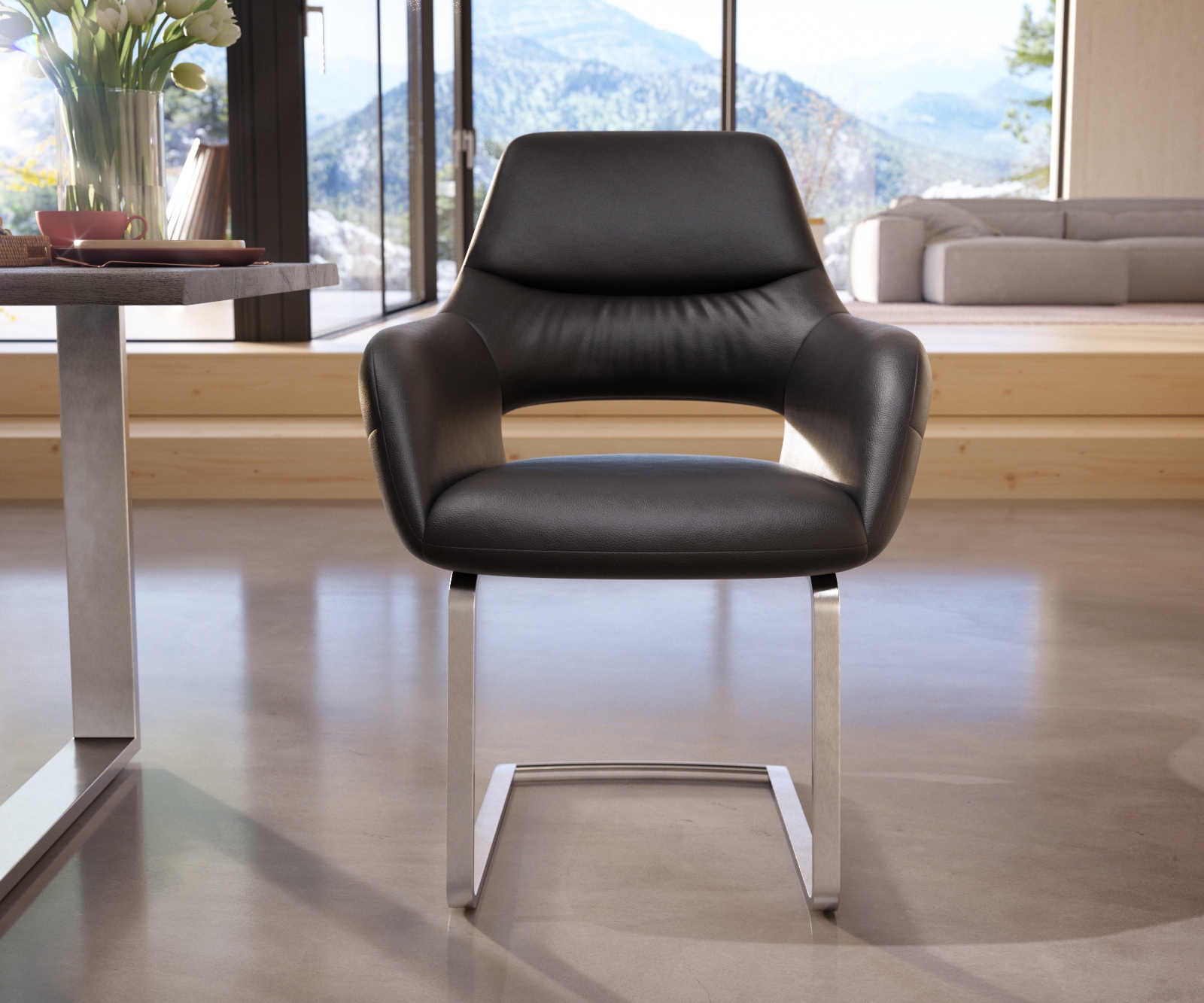 Cantilever Yago-Flex avec accoudoirs cuir de vache noir pied cantilever plat acier inoxydable brossé ressorts ensachés 1 Cantilever Yago-Flex avec accoudoirs cuir de vache noir pied cantilever plat acier inoxydable brossé ressorts ensachés 1