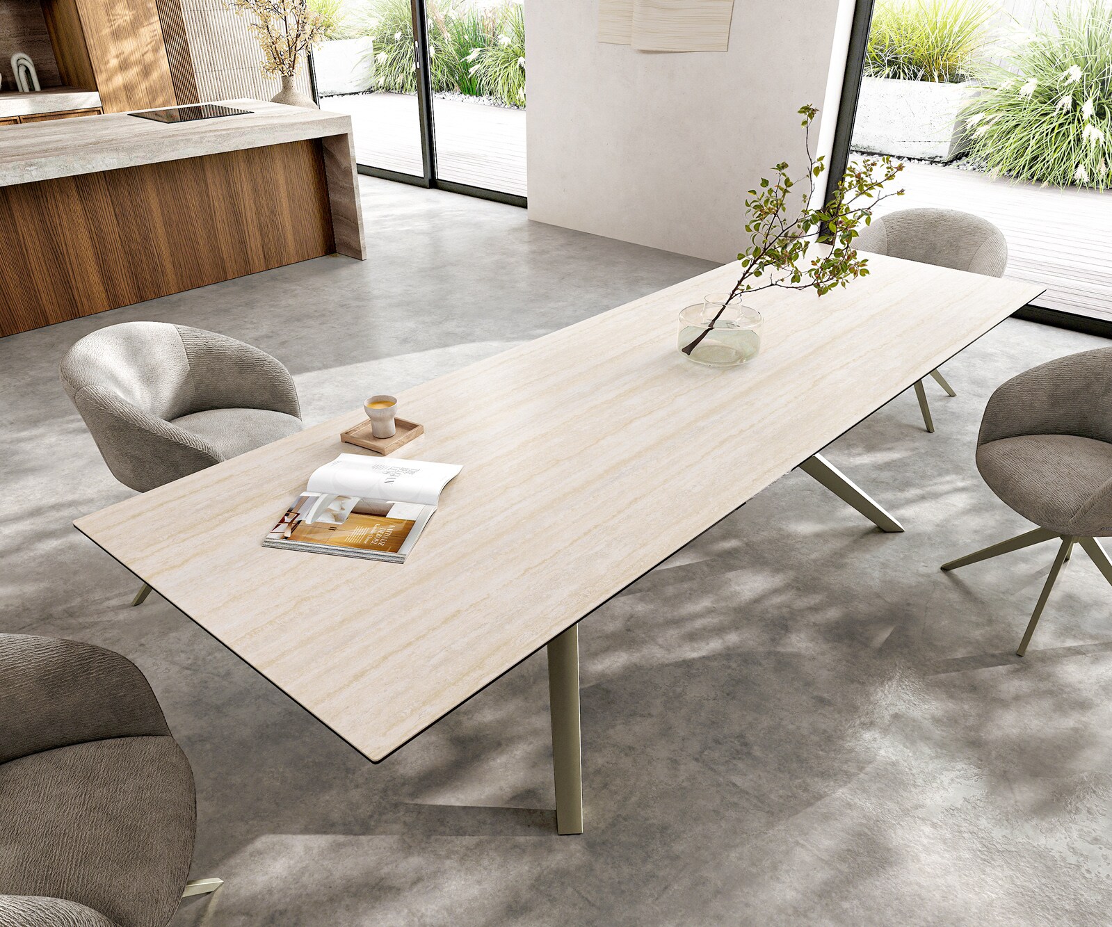 Table à manger Edge 300x100 céramique Laminam® Travertino Bianco crème-blanc Zenthara Angulaire métal effet finition titanee 3