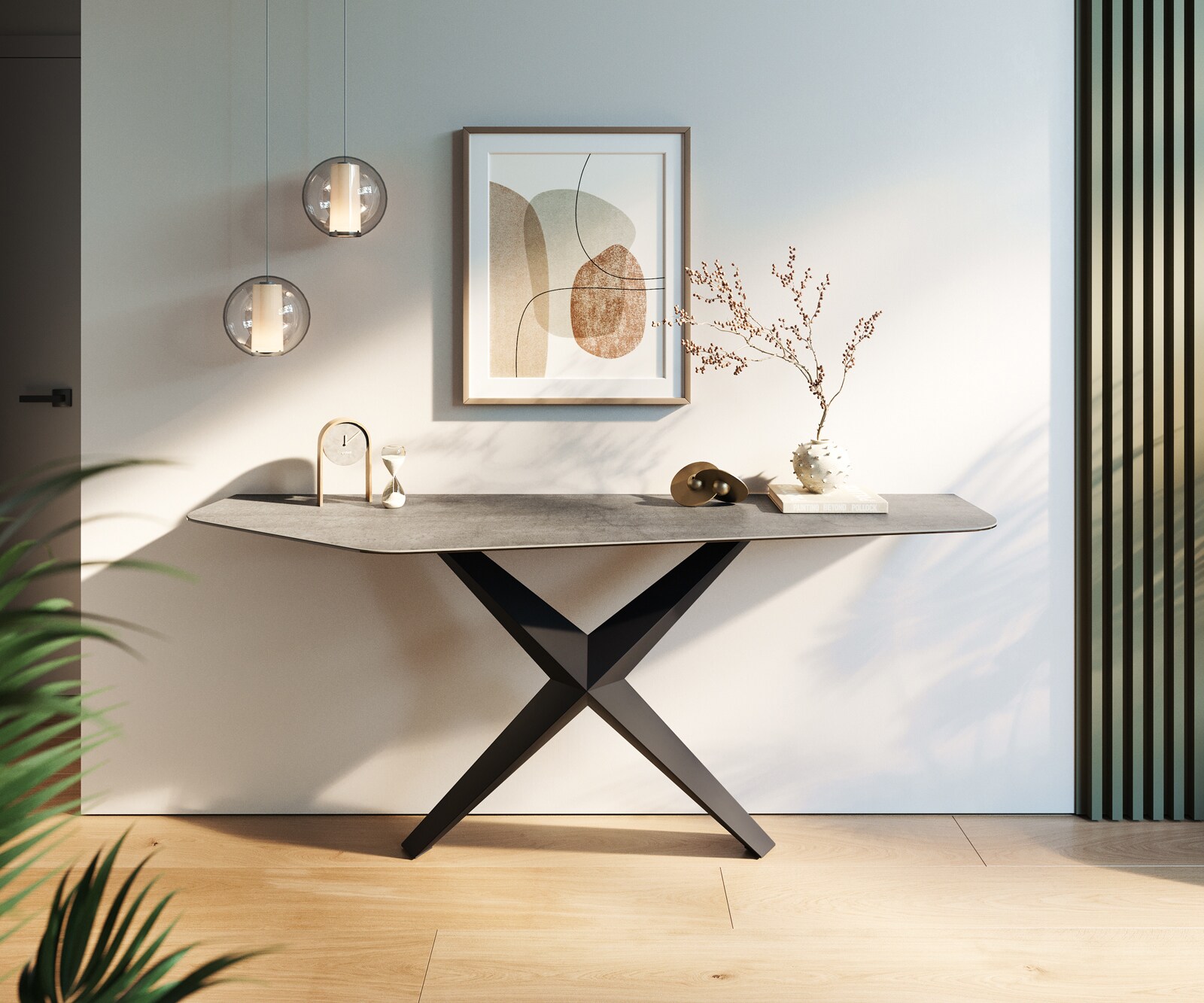 Console Edge Polygonal 180x50 cm Céramique Gris béton Zentharo Métal Noir 4