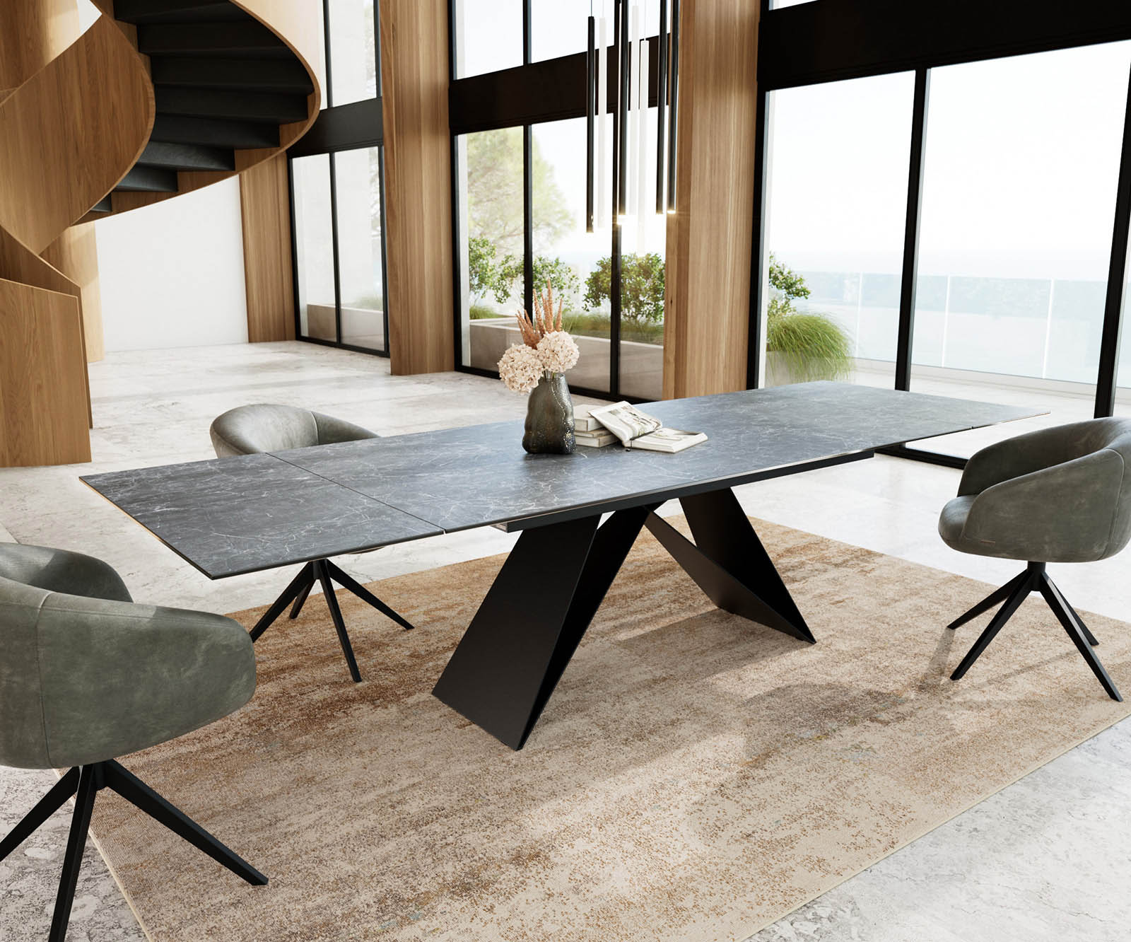 Table à manger Edge 200-300x100 céramique Laminam®Nero Greco gris cadre en V acier plat noir extensible 4