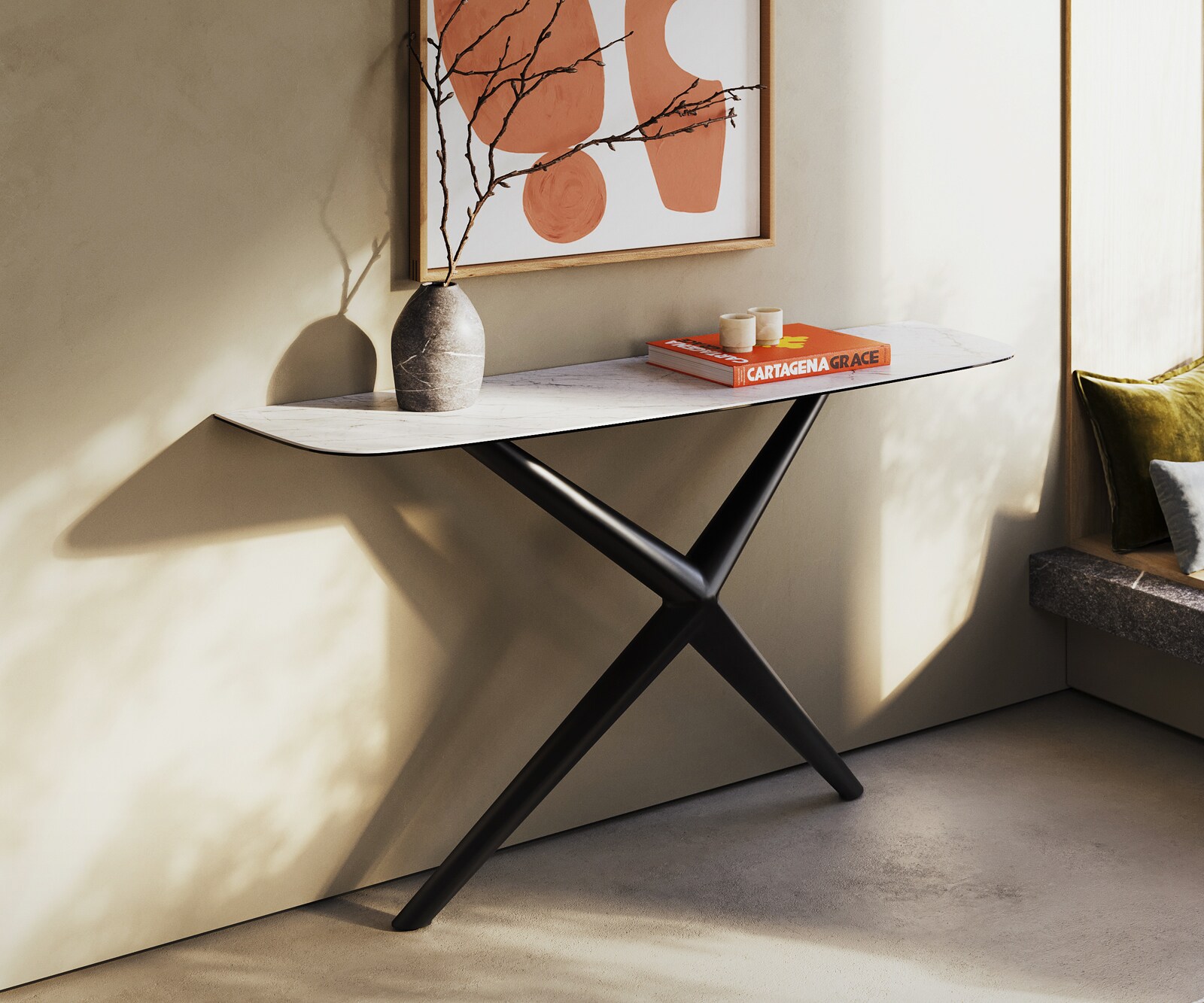 Console Edge forme bateau 140x40 cm Céramique Laminam® Statuarietto Weiß Estelo Métal Noir 4