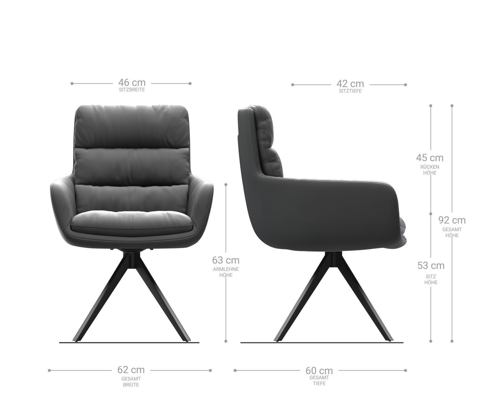 Chaise-de-salle-à-manger Abelia-Flex avec accoudoirs cuir de vache noir pied croisé angulaire noir 5 Chaise-de-salle-à-manger Abelia-Flex avec accoudoirs cuir de vache noir pied croisé angulaire noir 5