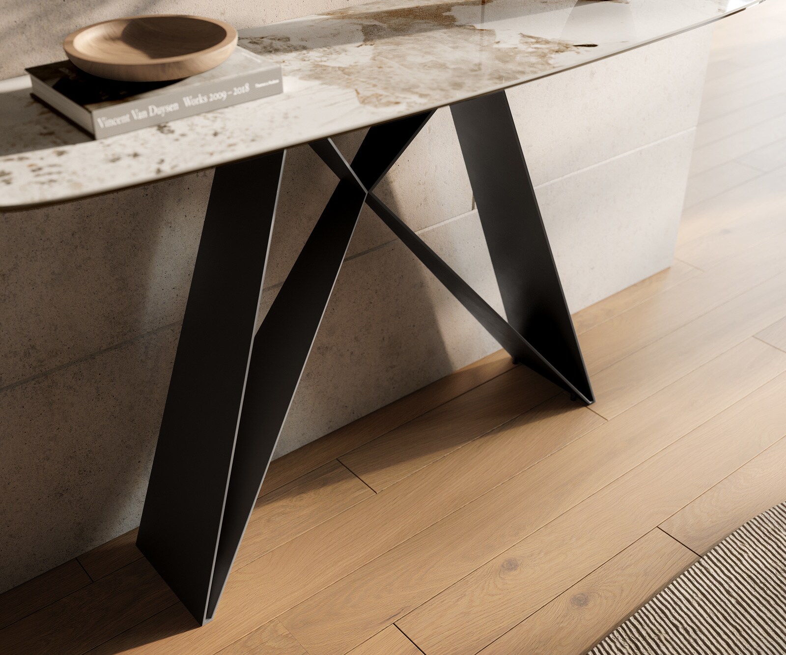 Console Edge forme bateau 140x40 cm Céramique Minas Melange Weiß-Beige Velio Métal Noir 5