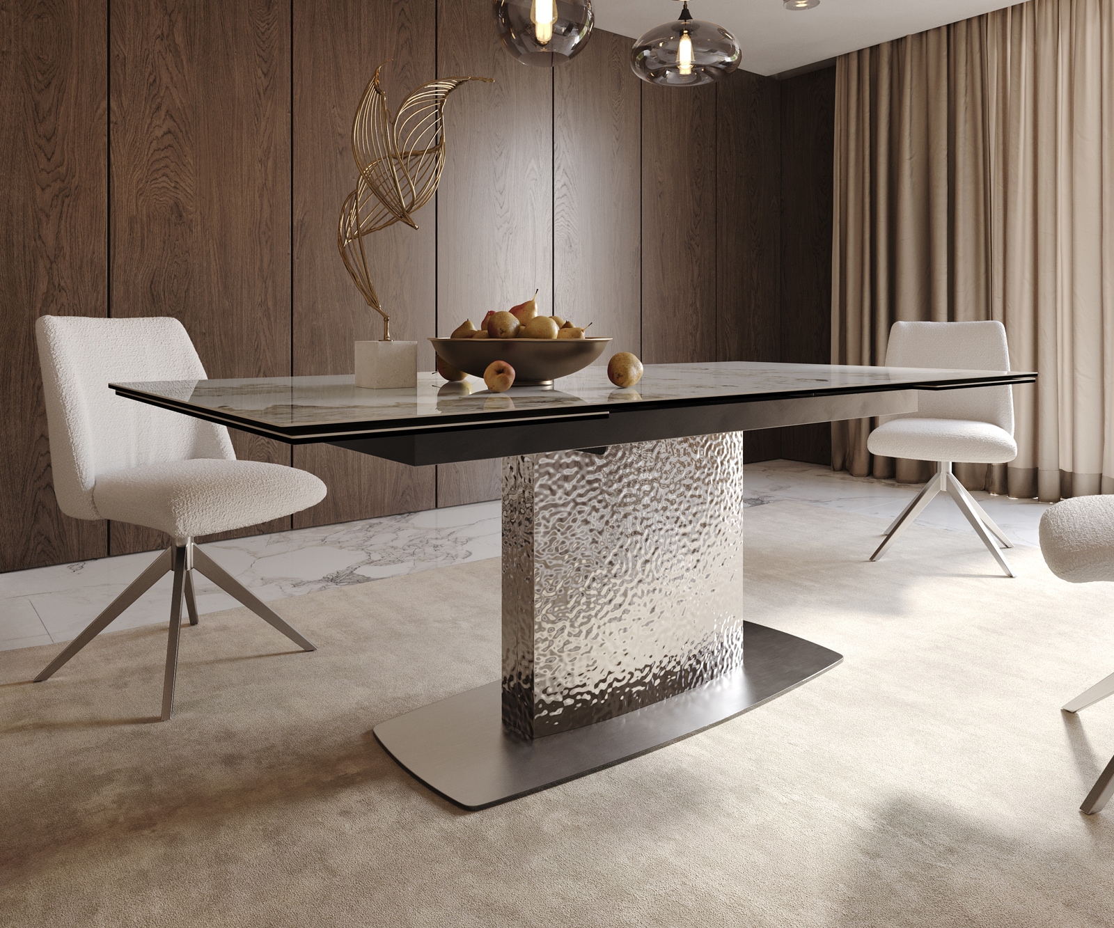 Table à manger Edge 200-300x100 céramique Minas mélange blanc-beige Wave acier inoxydable extensible 7