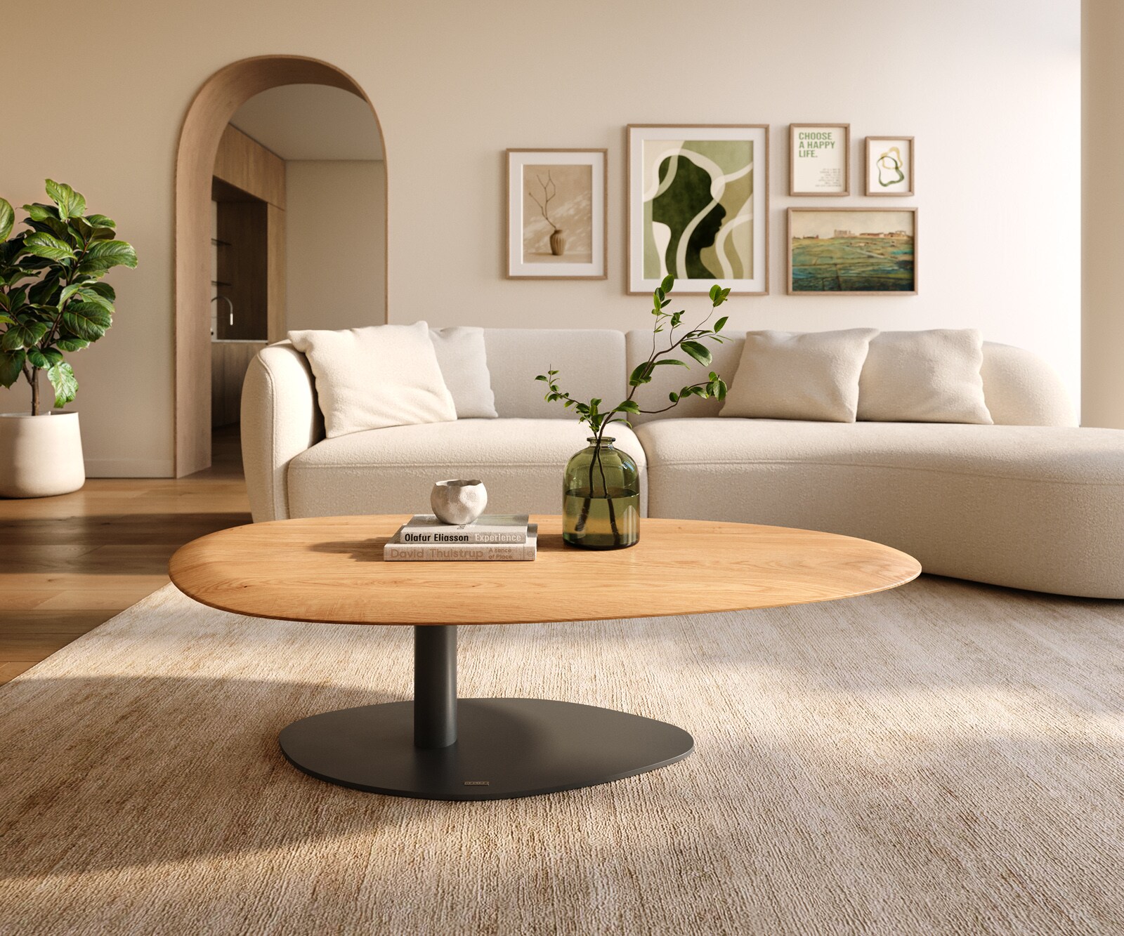 Table basse Edge Oval 140x75 cm chêne naturel bord arrondi Vibany métal noir 1