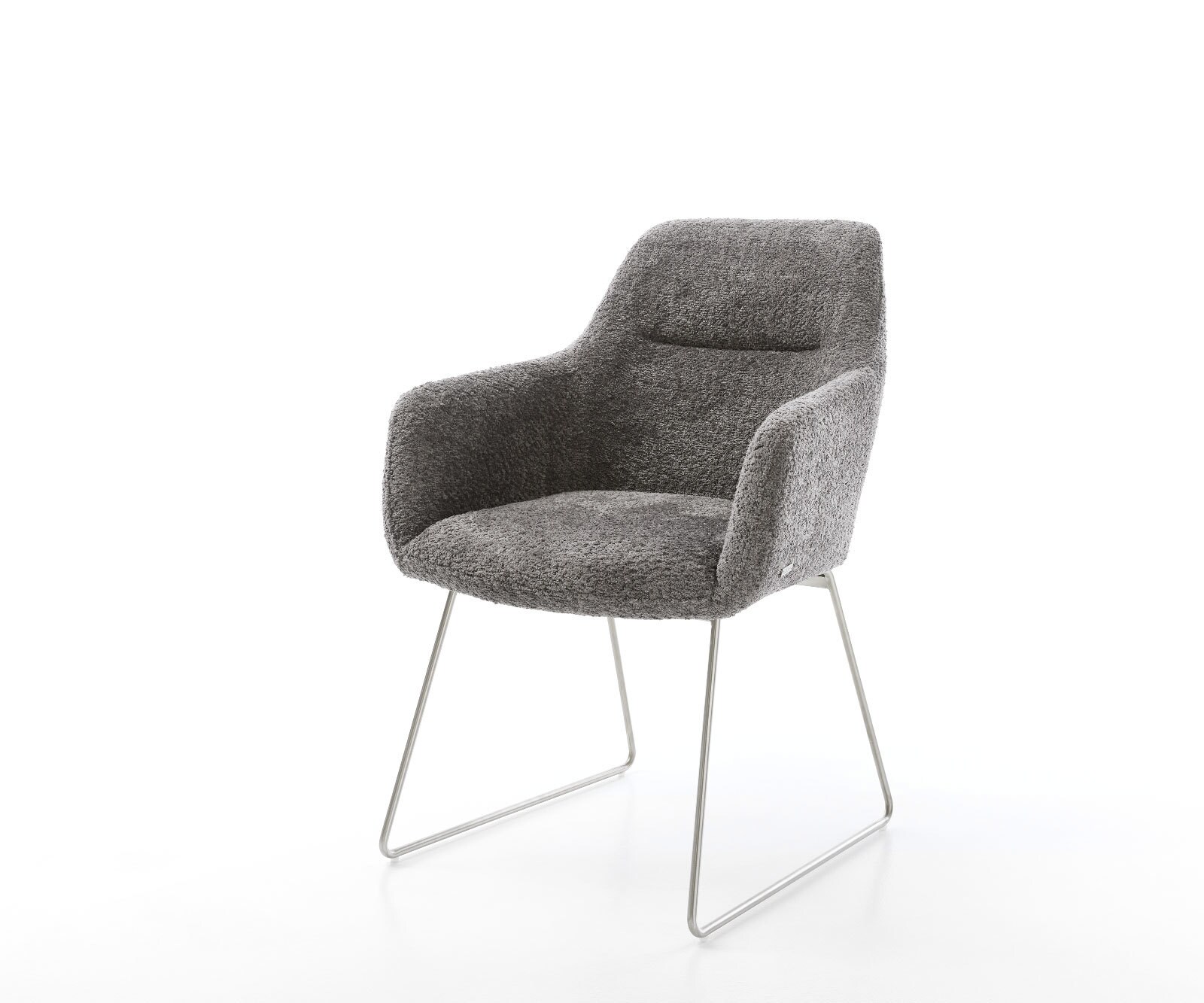 Chaise-de-salle-à-manger Pejo-Flex bouclé gris pied trapèze acier inoxydable brossé ressorts ensachés