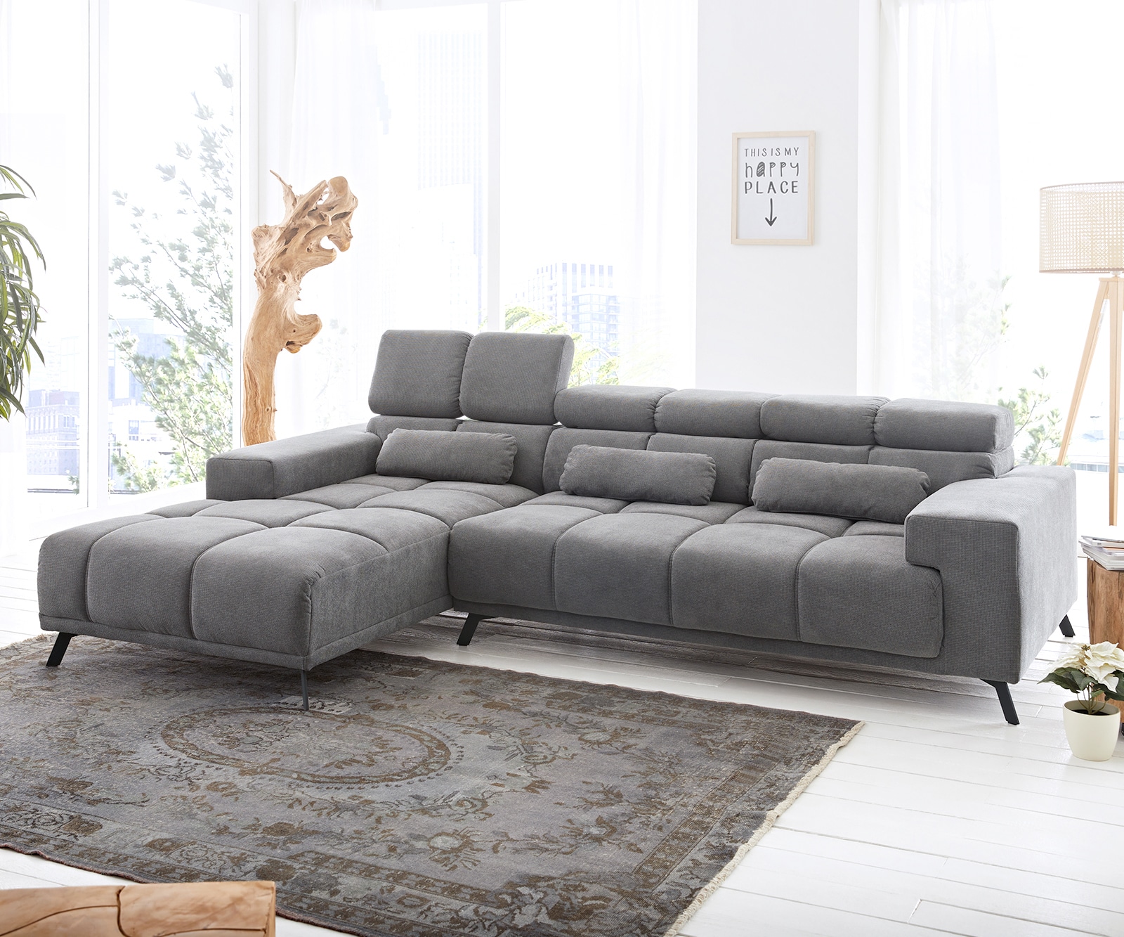 Canapé-d'angle Ordino 285x200 microfibre gris ottomane gauche réglage électrique de la profondeur d'assise Canapé-d'angle Ordino 285x200 microfibre gris ottomane gauche réglage électrique de la profondeur d'assise