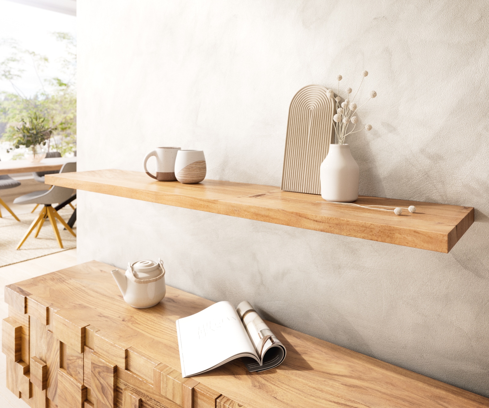 Étagère-murale Edge 145 cm Acacia naturel bord droit massif