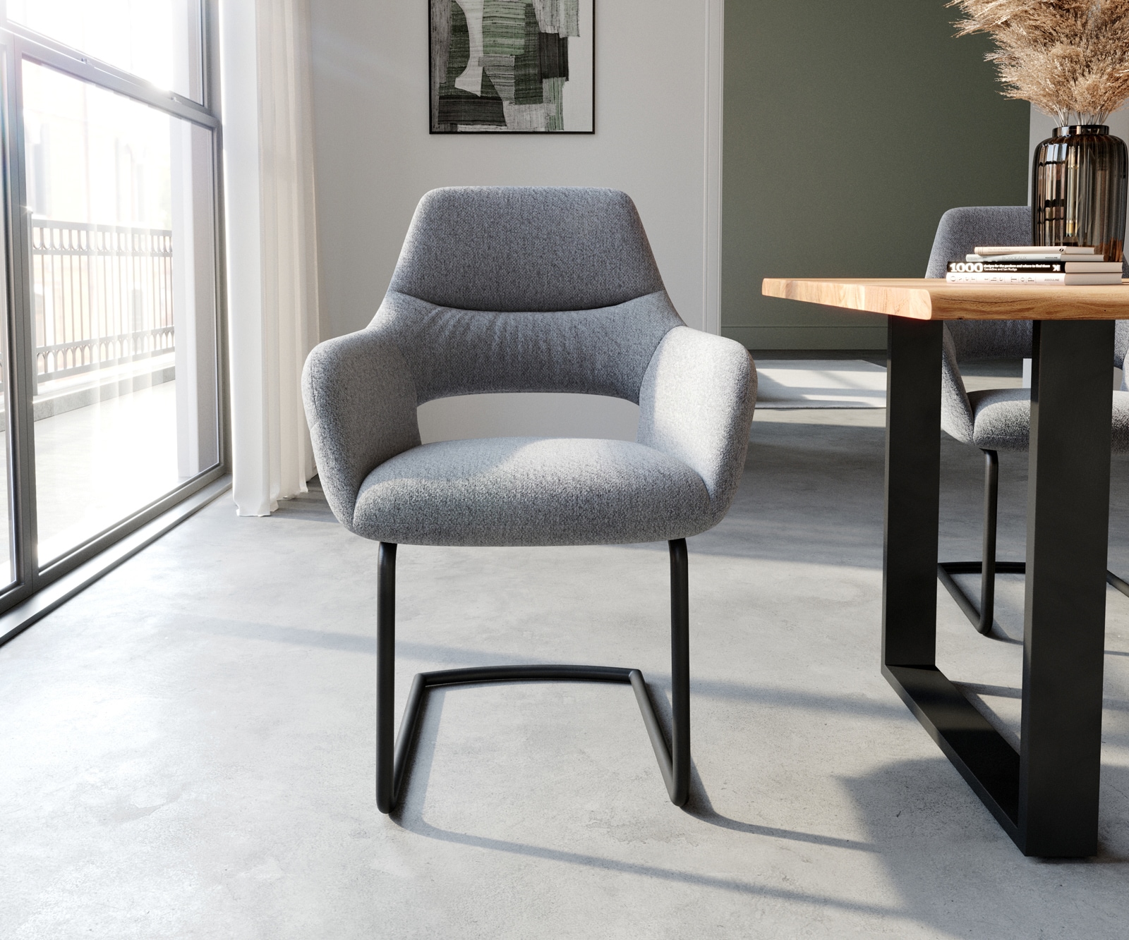 Cantilever Yago-Flex avec accoudoirs tissu texturé gris clair pied cantilever rond noir ressorts ensachés 1 Cantilever Yago-Flex avec accoudoirs tissu texturé gris clair pied cantilever rond noir ressorts ensachés 1
