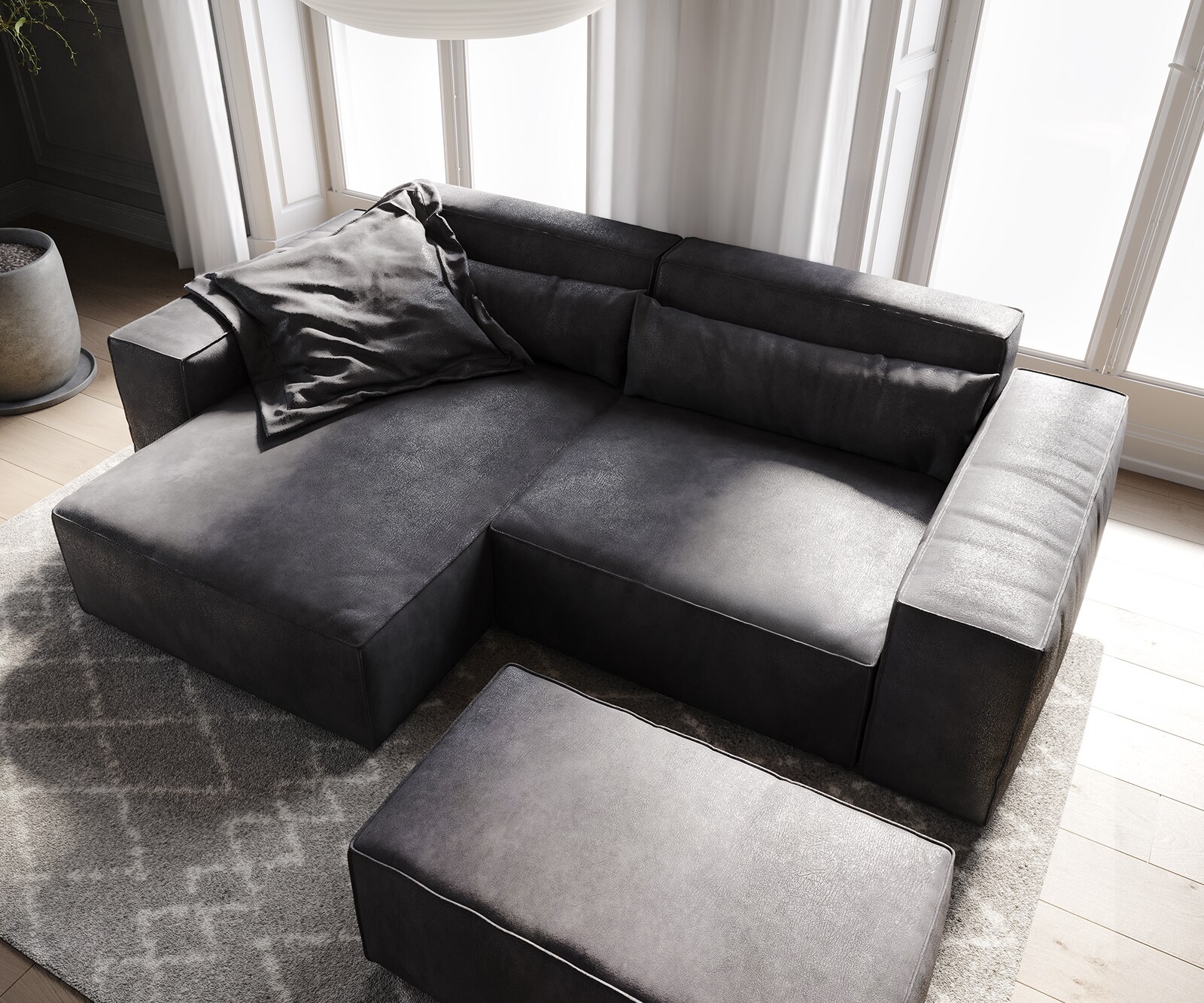 Canapé d'angle Sirpio 230x150 cm Cuir synthétique Vintage Anthracite Recamiere variable avec Tabouret 4