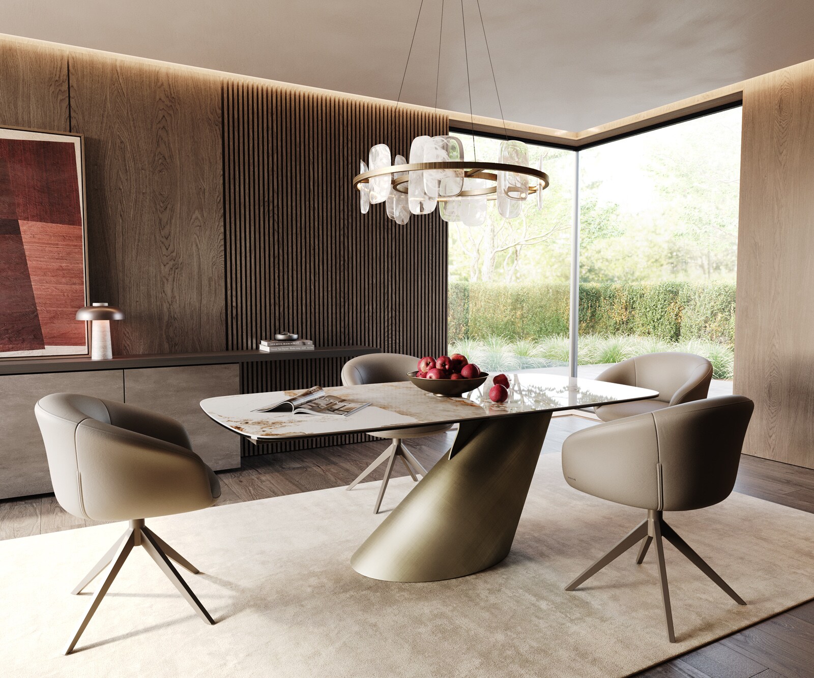 Table à manger Edge Boot 200x100 céramique Minas mélange blanc-beige Cono métallique doré 6