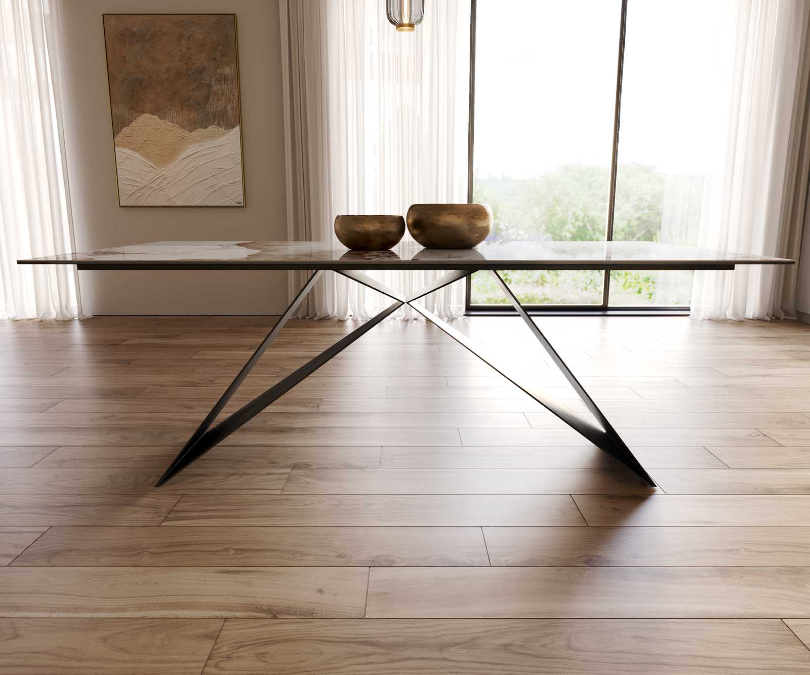 Table à manger Edge 200x100 céramique Minas mélange blanc-beige cadre en V acier plat noir 8