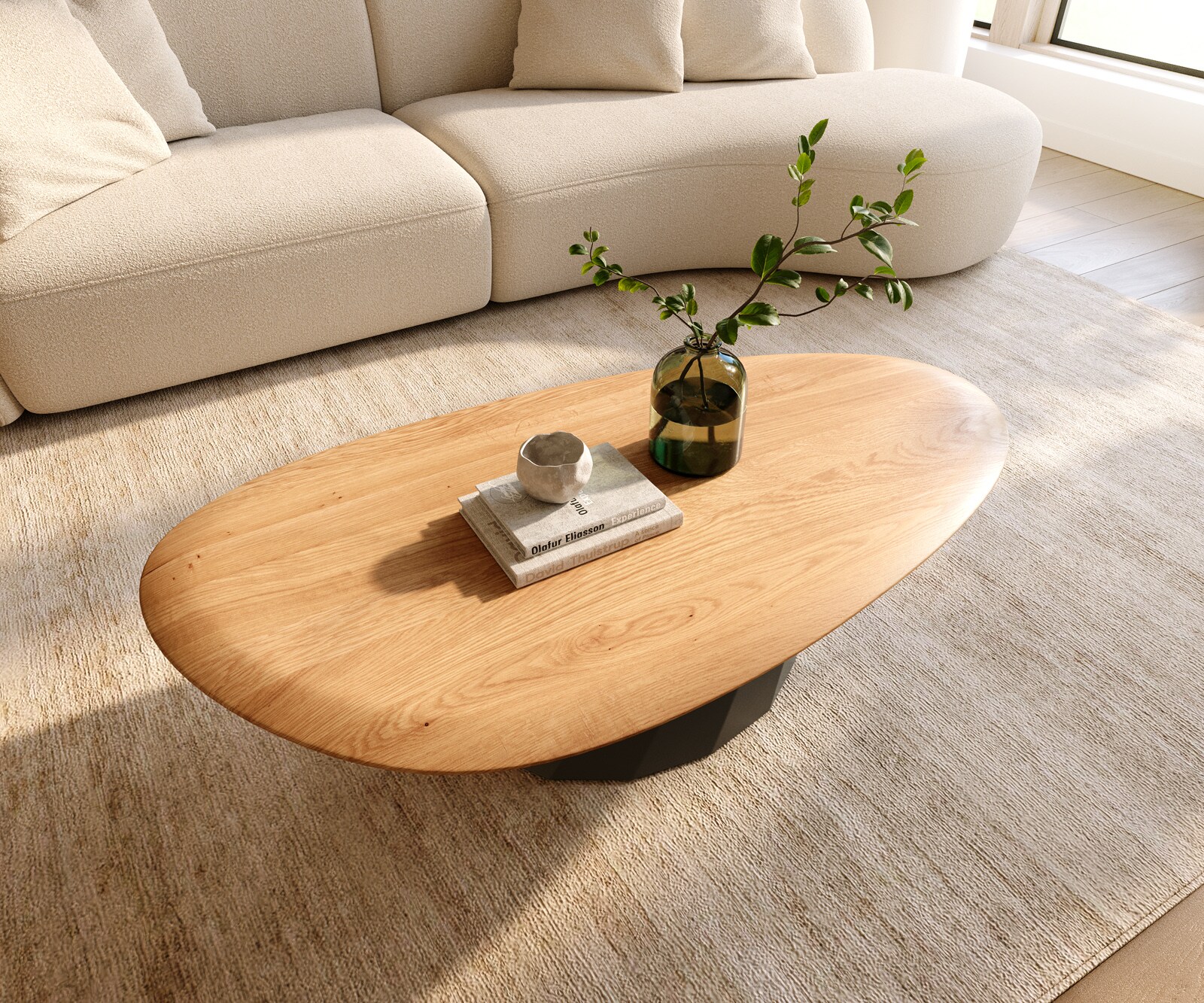 Table basse Edge Oval 140x75 cm chêne naturel bord arrondi Parabi métal noir 3