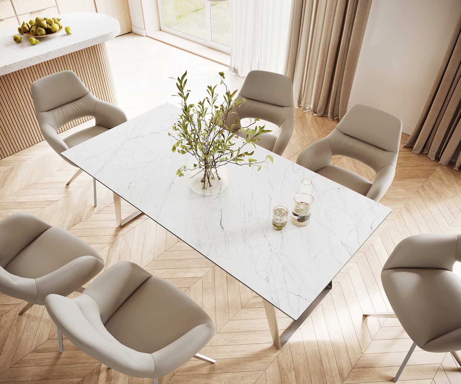 Table-à-manger Edge 200x100 céramique Laminam® statuarietto blanc inox incliné 3