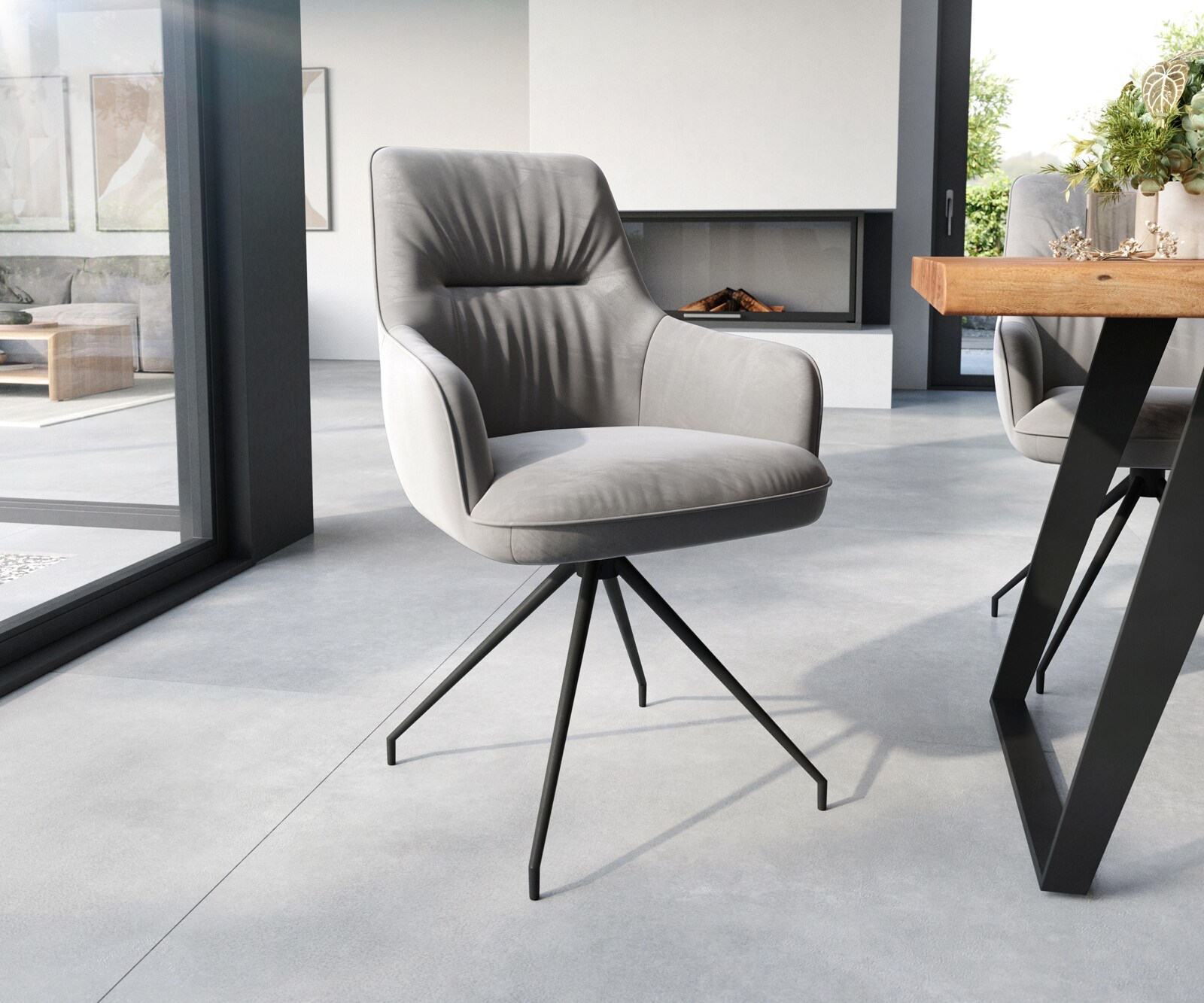Chaise-de-salle-à-manger Zelia-Flex avec accoudoirs velours gris pied croisé conique noir ressorts ensachés 1
