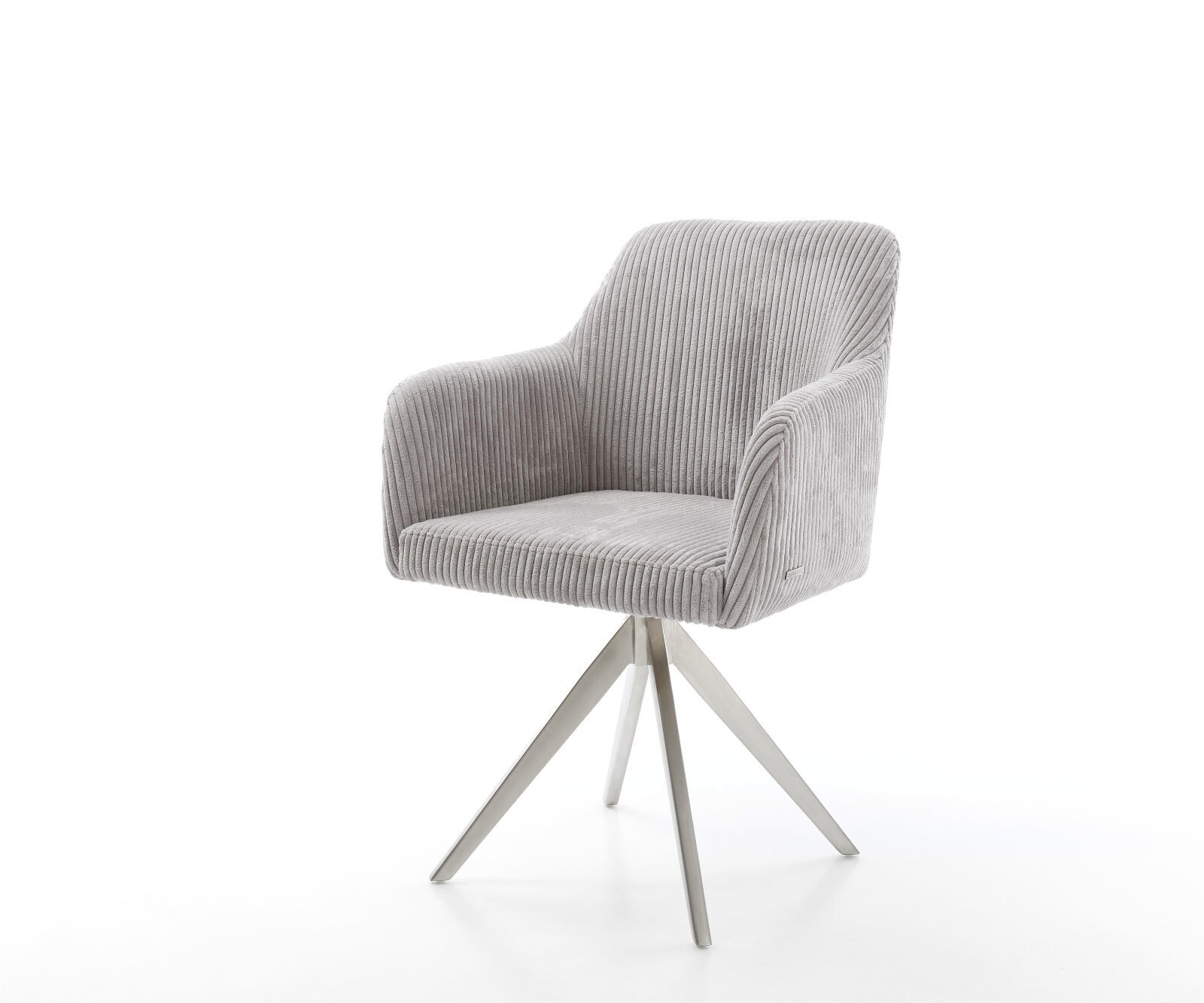 Chaise-de-salle-à-manger Greg-Flex côtelé gris argenté pied croisé angulaire acier inoxydable brossé ressorts ensachés