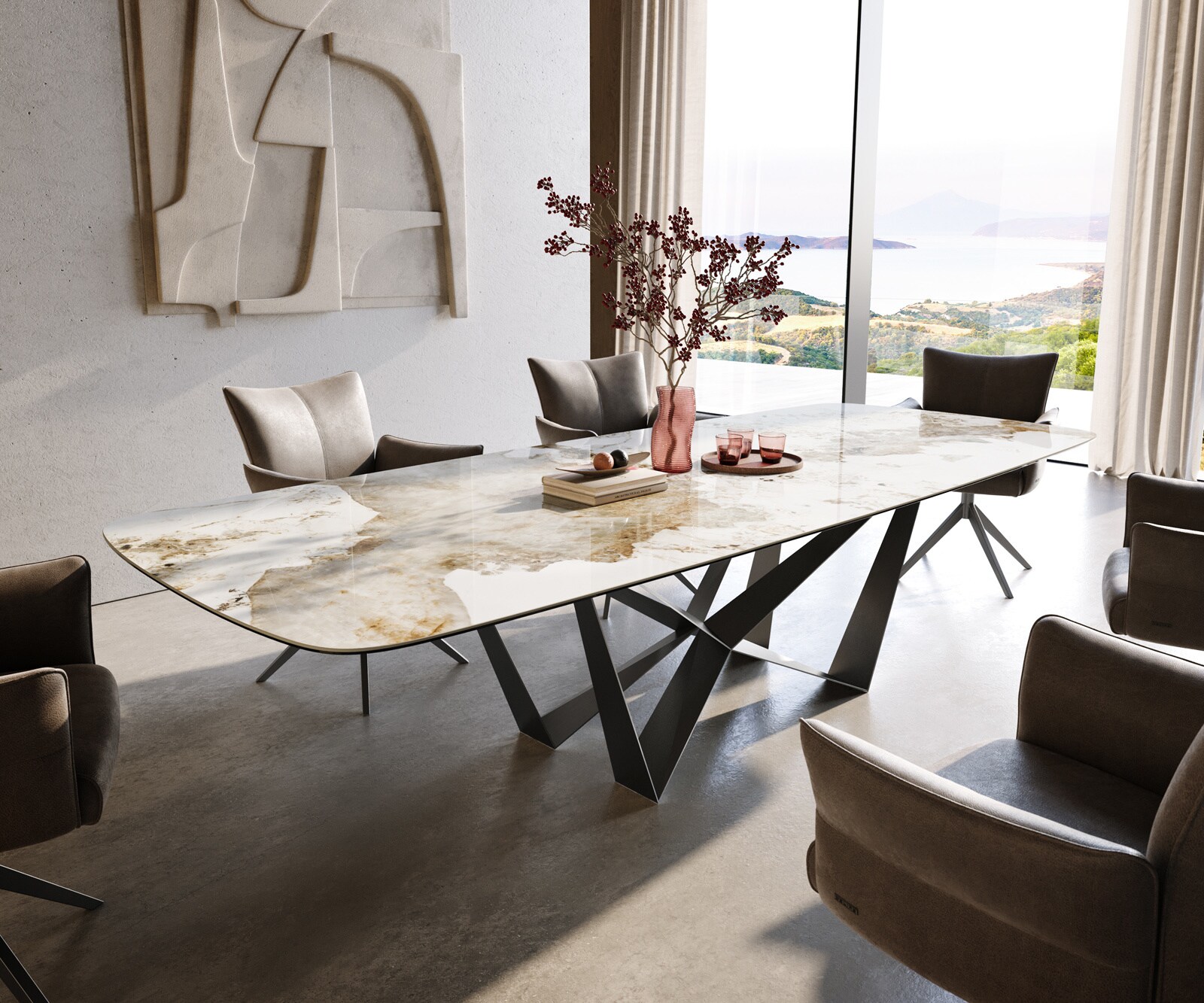 Table à manger Edge Boot 300x120 cm Céramique Minas Melange Blanc-Beige Spider Flachstahl Acier inoxydable Graphite 1