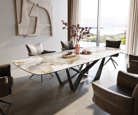 Table à manger Edge Boot 300x120 cm Céramique Minas Melange Blanc-Beige Spider Flachstahl Acier inoxydable Graphite