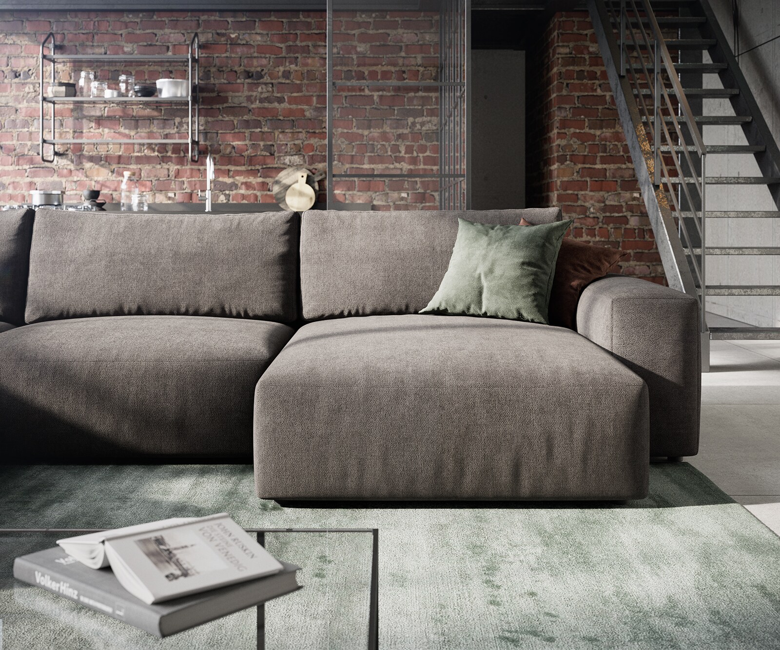 Canapé panoramique Lanzo XL 360x260 cm microfibre marron kaki Recamière variable 5