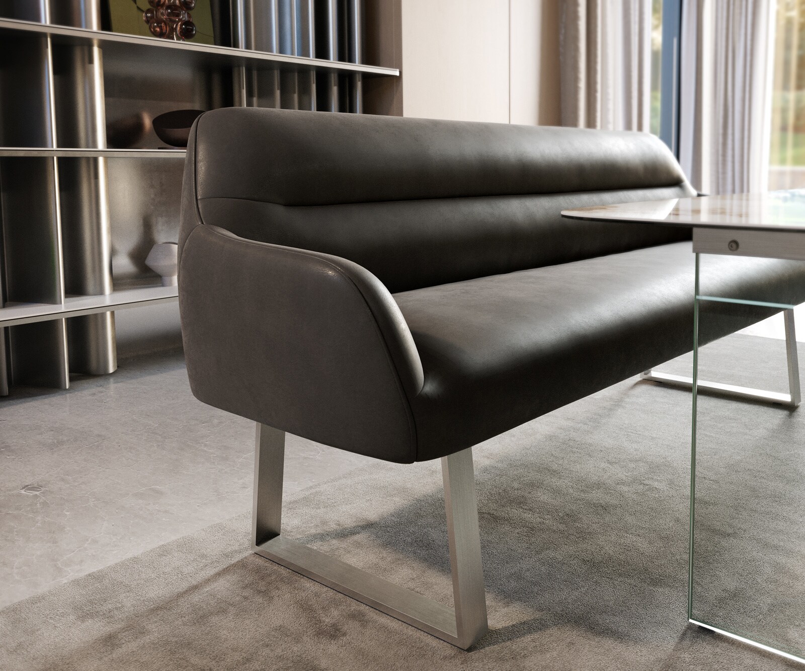 Banc-de-salle-à-manger Taya-Flex 200 cm microfibre antracite vintage piètement à patins angulaire acier inoxydable ressort ensaché 4