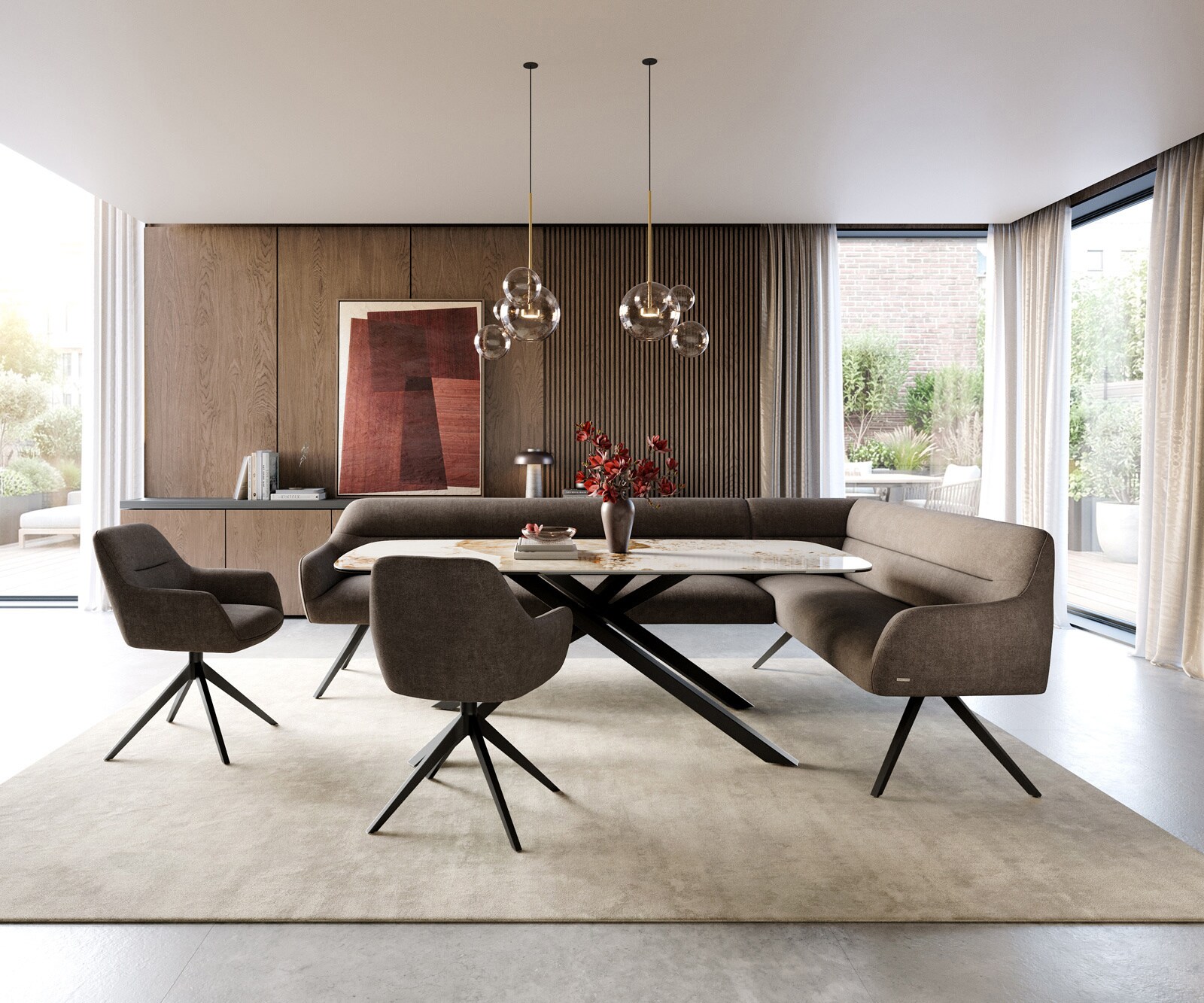 Banc-de-salle-à-manger Taya-Flex 285x190 cm tissu structuré doux taupe pied croisé angulaire noir ressort ensaché liens 2