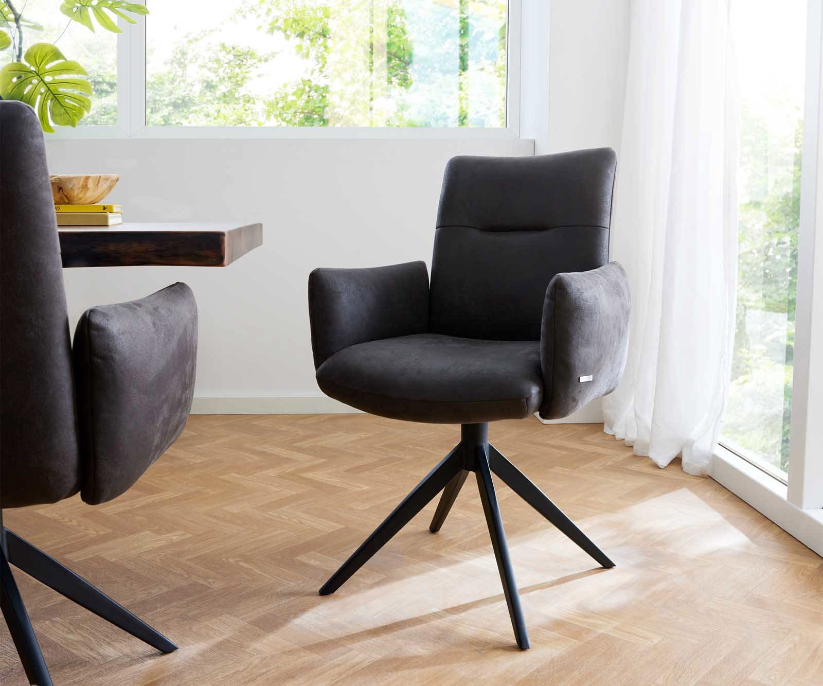 Chaise-pivotante Jova-Flex avec accoudoirs microvelours anthracite vintage pied croisé large noir pivotement sur 360° ressorts ensachés Chaise-pivotante Jova-Flex avec accoudoirs microvelours anthracite vintage pied croisé large noir pivotement sur 360° ressorts ensachés