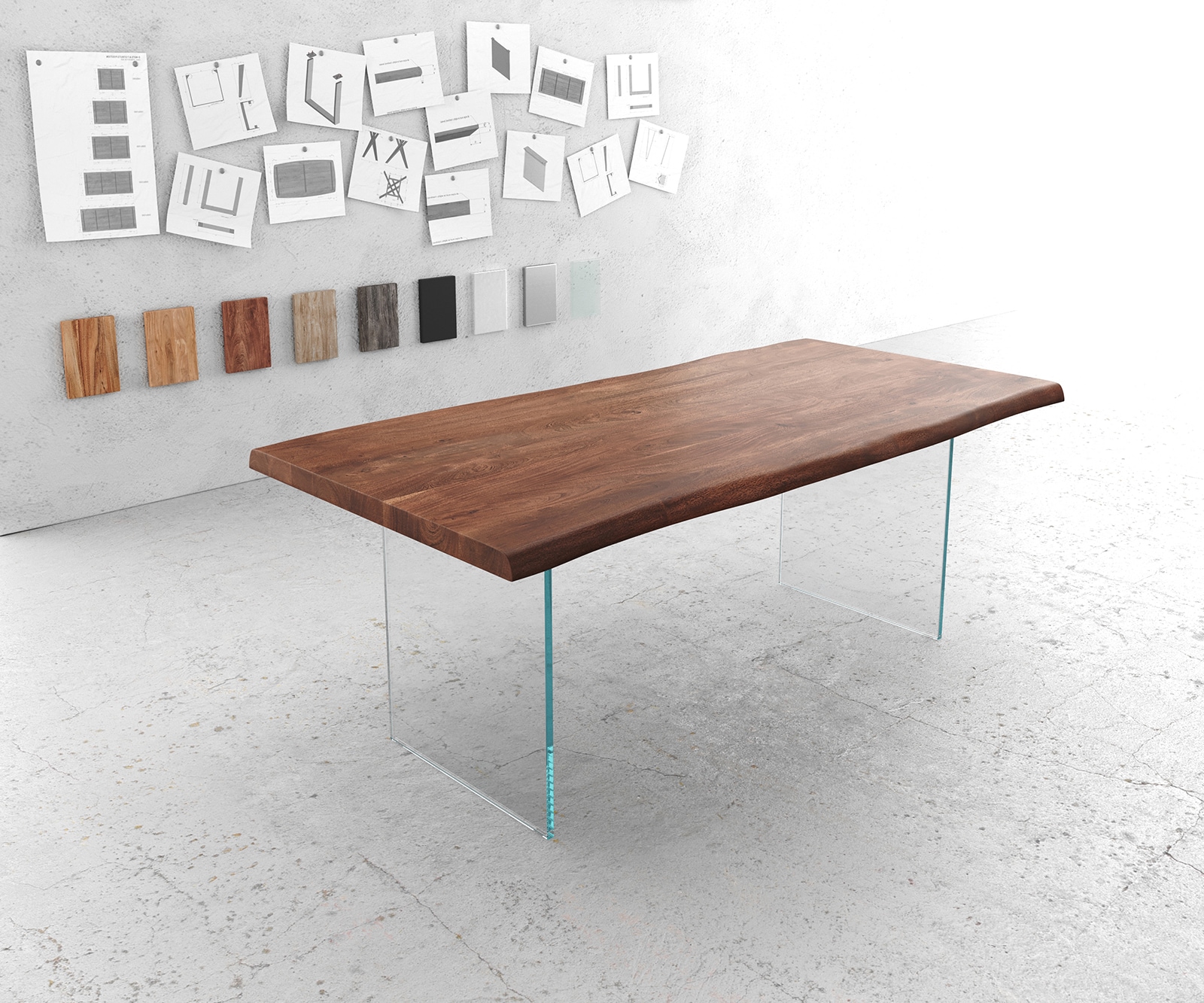 Table-à-manger Edge 200x100cm XL acacia marron verre Live-Edge Table-à-manger Edge 200x100cm XL acacia marron verre Live-Edge