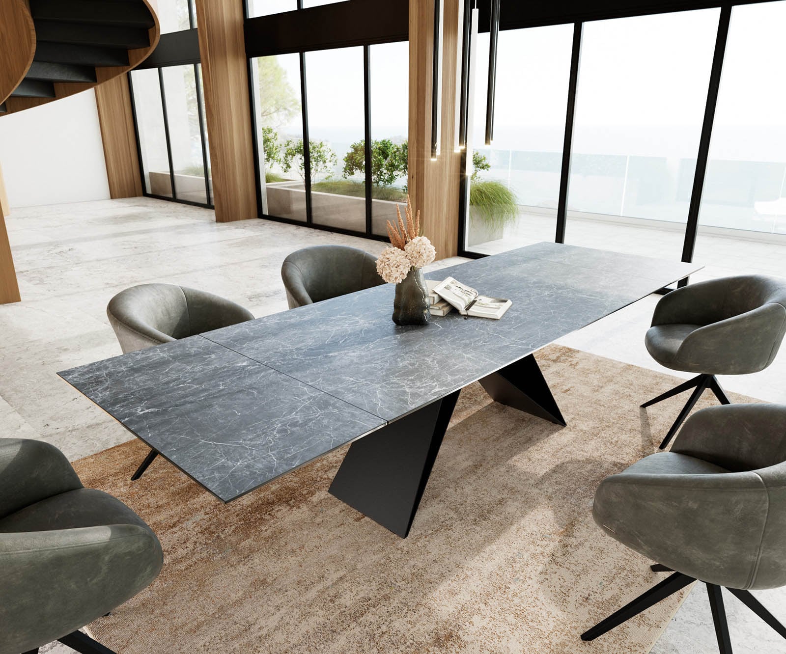 Table à manger Edge 200-300x100 céramique Laminam®Nero Greco gris cadre en V acier plat noir extensible Table à manger Edge 200-300x100 céramique Laminam®Nero Greco gris cadre en V acier plat noir extensible