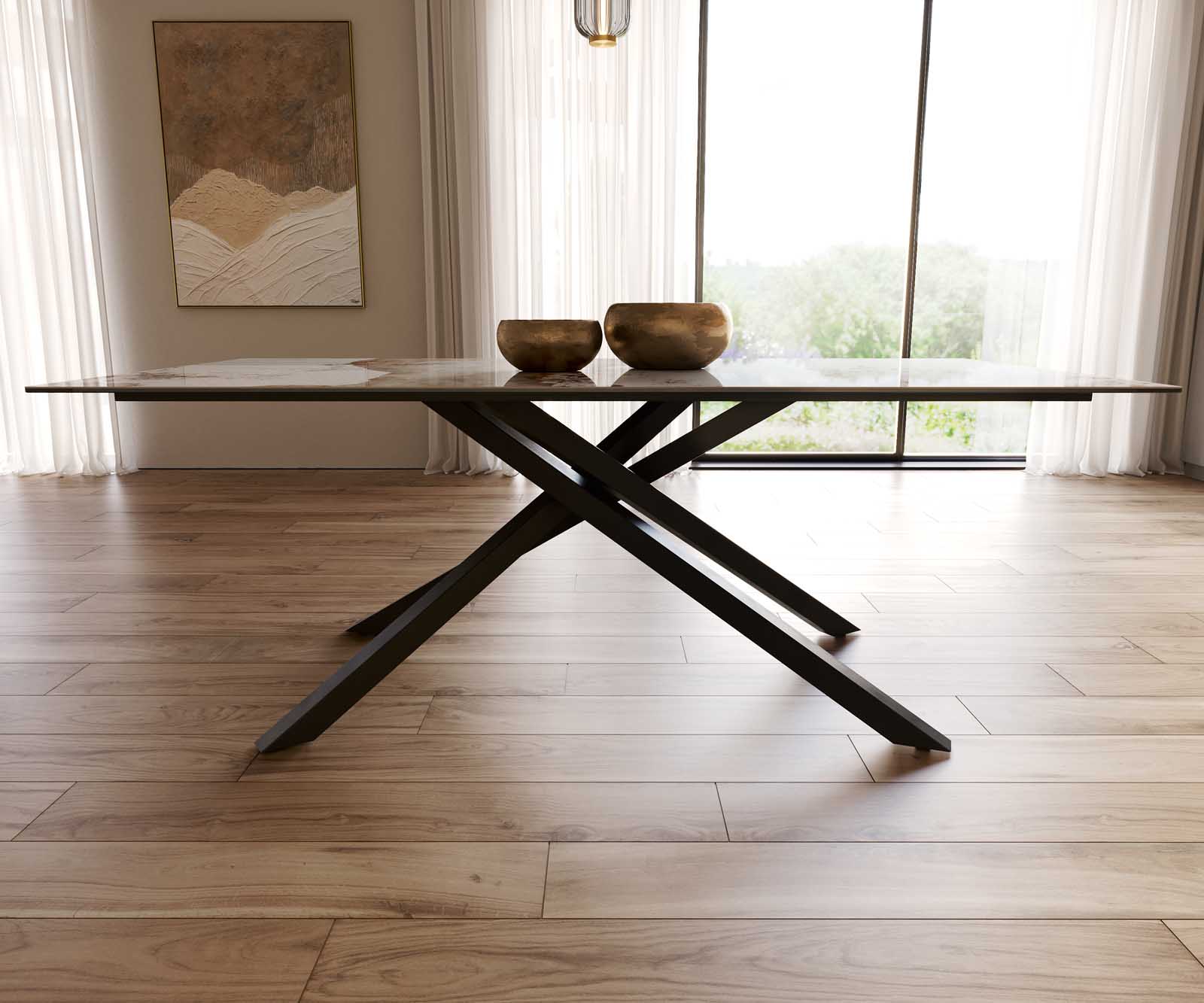 Table à manger Edge 200x100 céramique Minas mélange blanc-beige cadre croisé rectangulaire noir 8