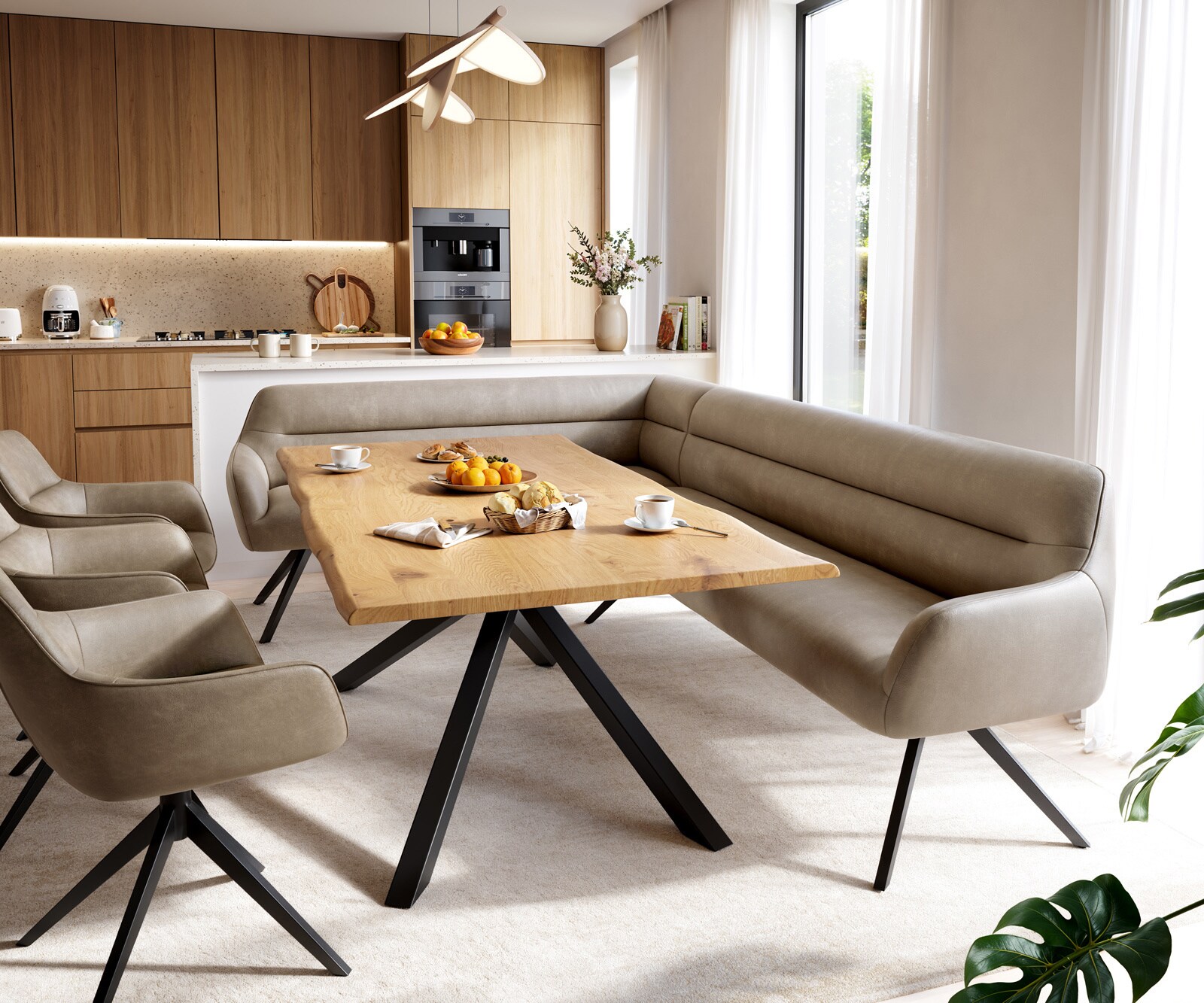 Banc-de-salle-à-manger Taya-Flex 285x190 cm microfibre beige vintage pied croisé angulaire noir ressort ensaché à droite 1