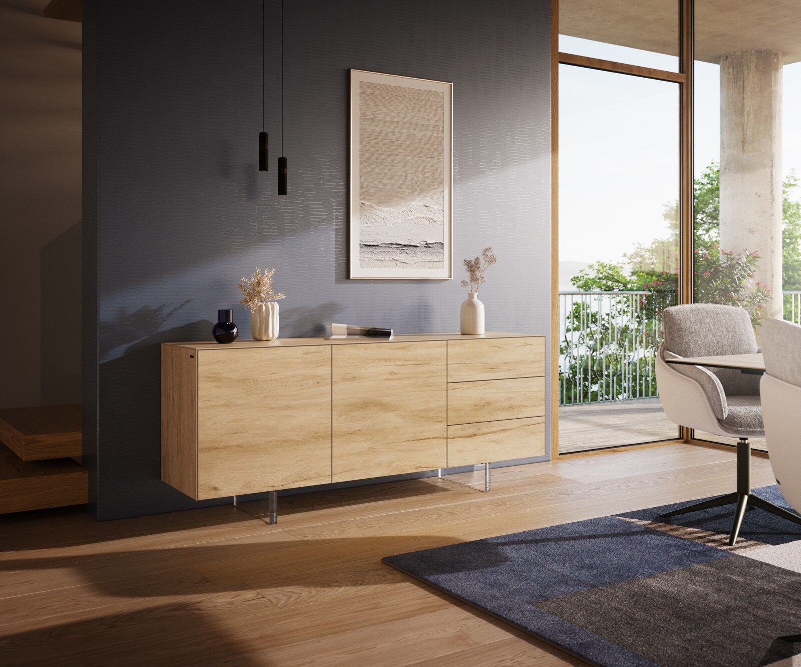 Buffet Cuor 180 cm Céramique Laminam® Sabbia Teinte chêne 2 Portes 3 Tiroirs Pied optique flottant Verre acrylique 1