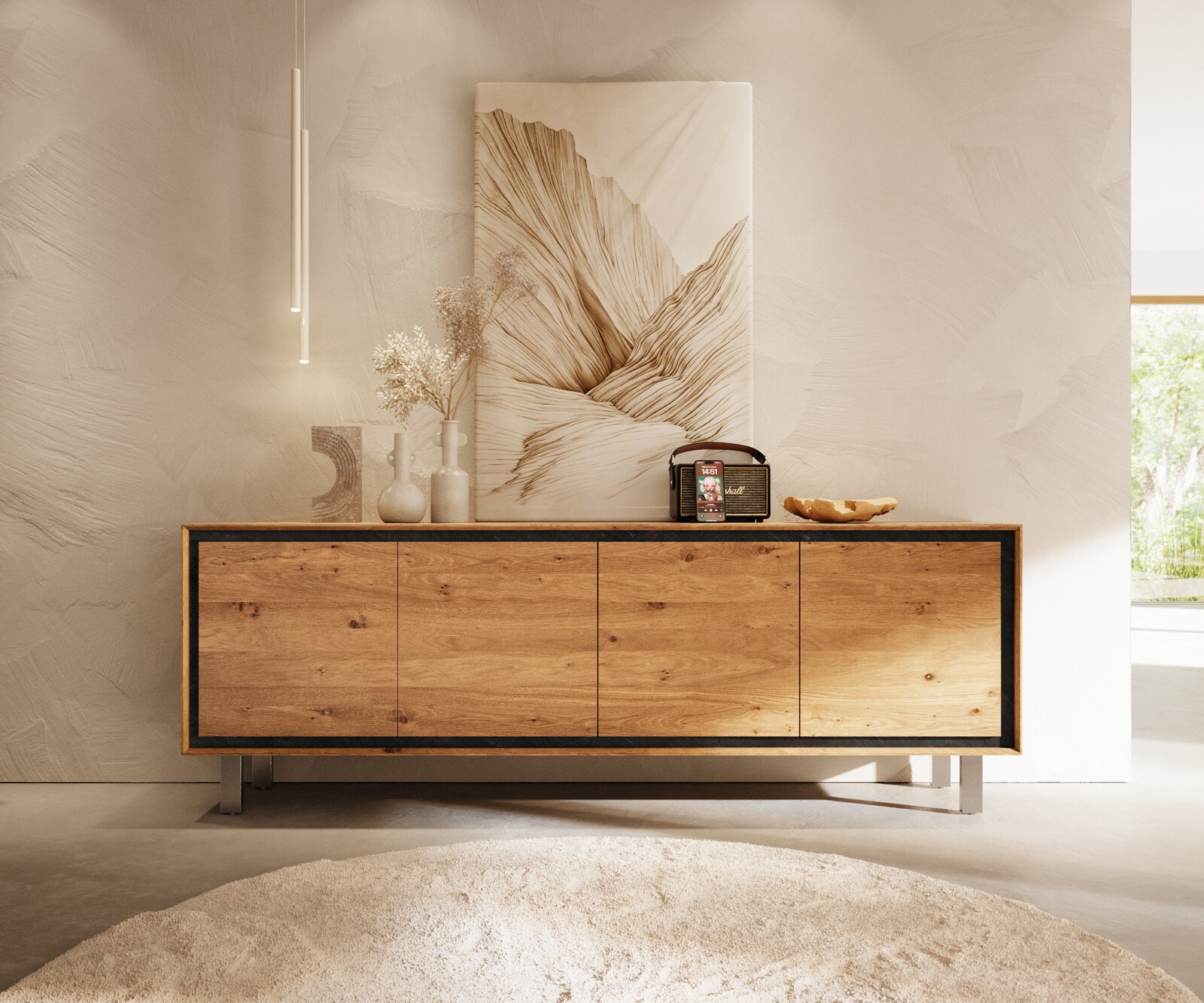 Buffet Stonegrace 200 cm chêne naturel 4 portes pied carré inoxydable brossé 1
