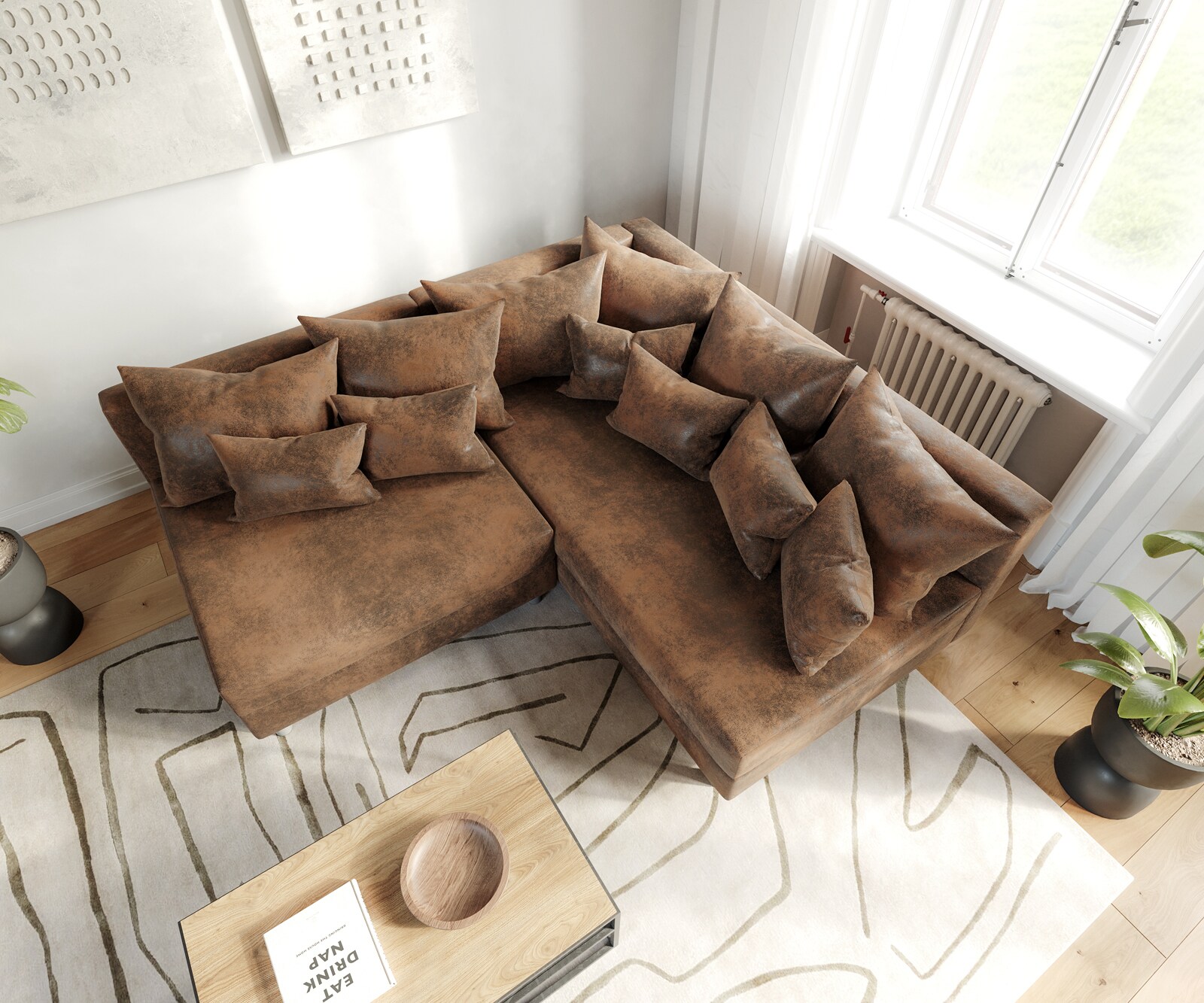 Canapé-d'angle Clovis marron aspect antique ottoman droite canapé modulaire 1 Canapé-d'angle Clovis marron aspect antique ottoman droite canapé modulaire 1