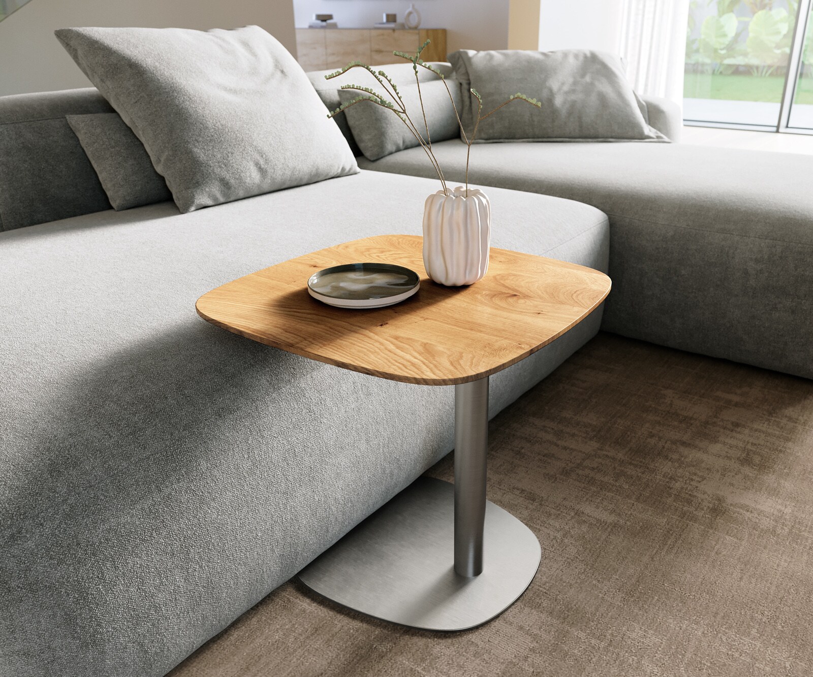 table d’appoint Edge Boot 50x50 cm chêne naturel bord suisse Eleny acier inoxydable brossé