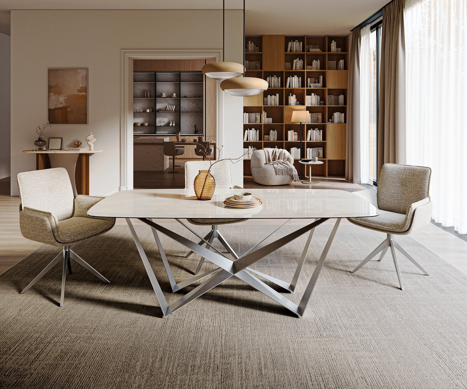 Table à manger Edge bateau 200x100 cm céramique Onyx Champagne Spider acier plat inox graphite 2