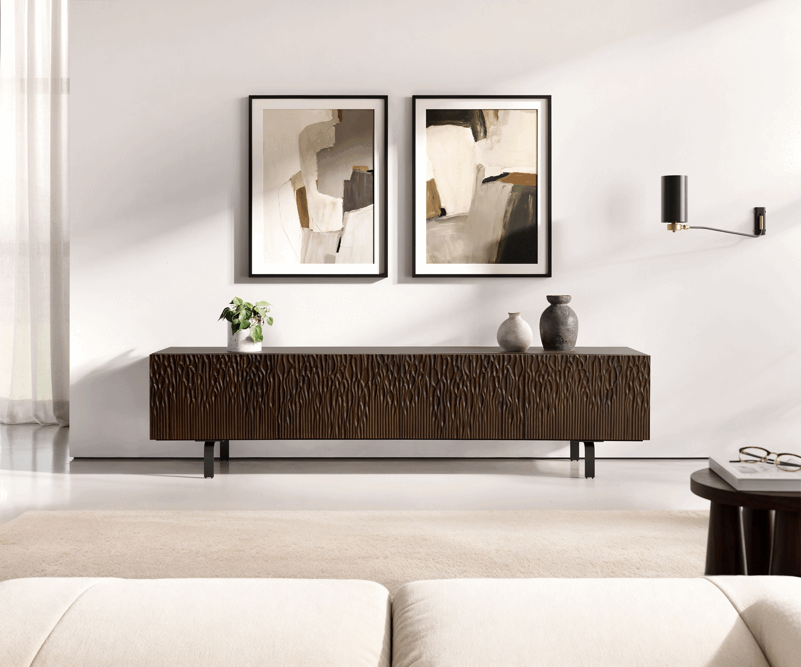 Meuble TV Follia 200 cm manguier brun 4 portes pied en L métal noir 1