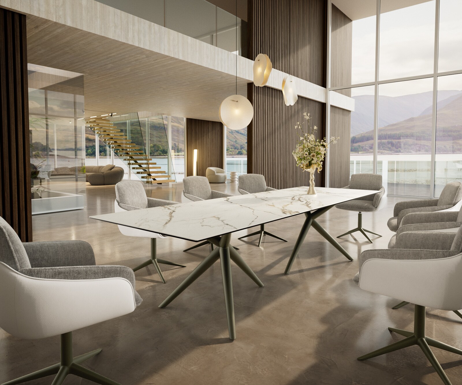 Table à manger Edge 300x100 Céramique Calacatta Luxe Blanc-Doré-Gris Estelar rond Métal finition à effet Titane 5