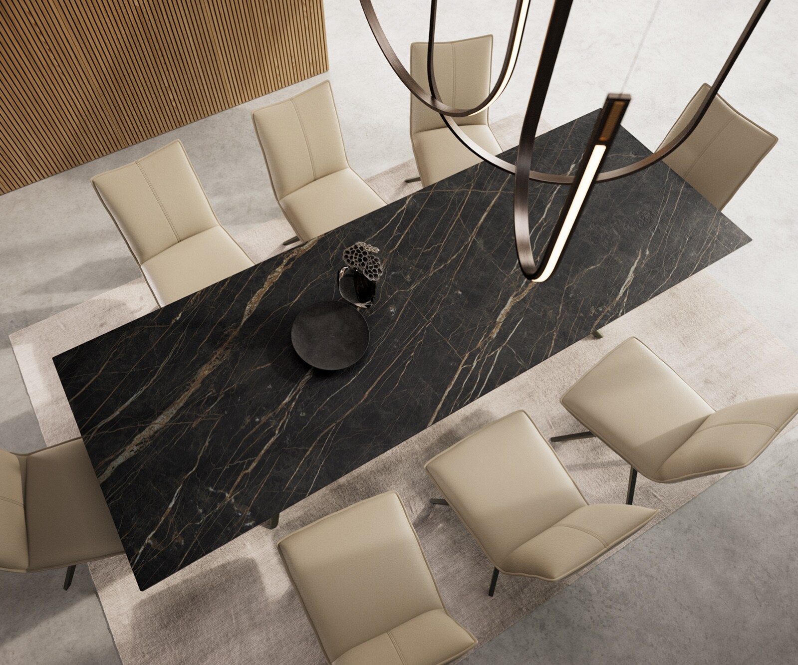 Table à manger Edge 300x100 Céramique Laminam®Noir Desir Marron Estelar rond Métal finition à effet Titane 5