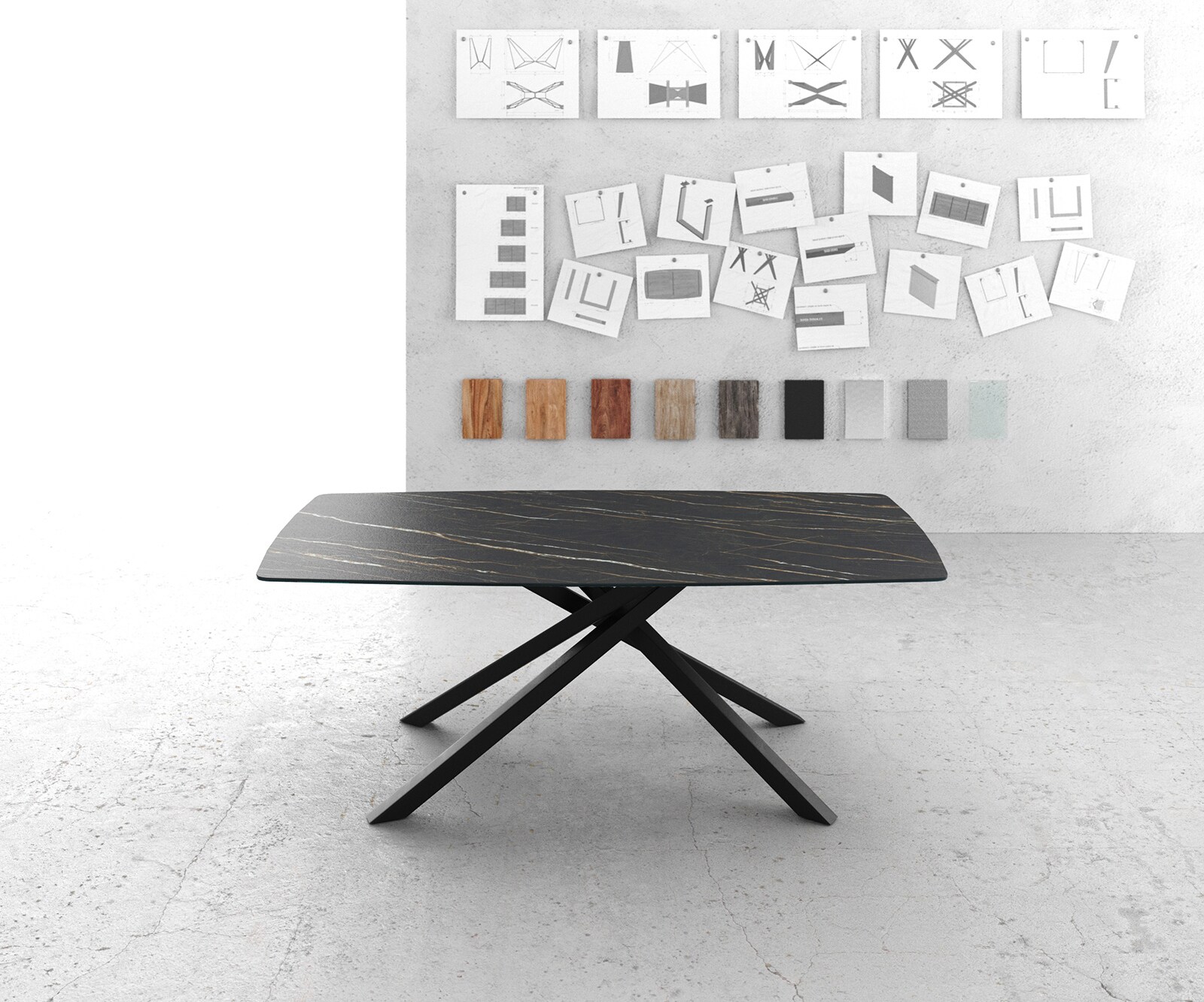 Table-à-manger Edge forme Boot 200x100cm Laminam® céramique marron pieds milieu croisé noir 1
