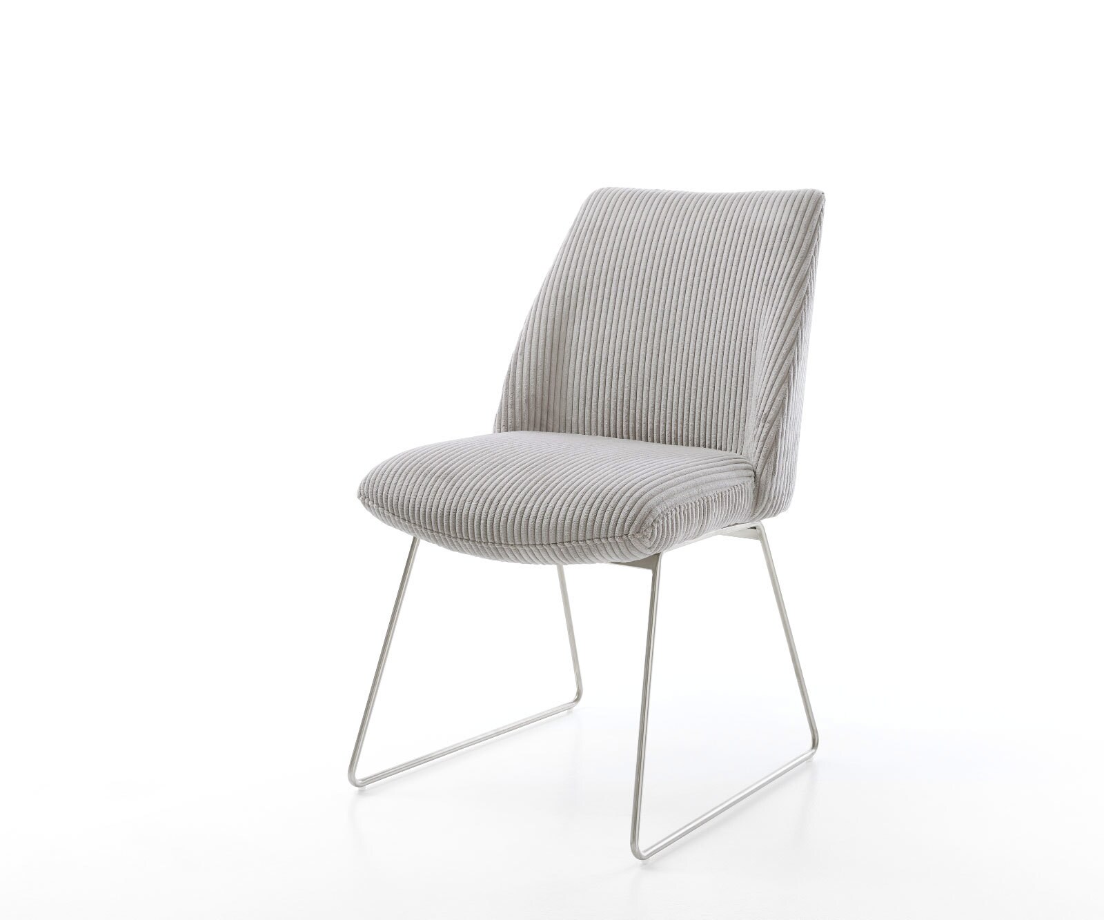 Chaise-de-salle-à-manger Elso-Flex côtelé gris argenté pied trapèze acier inoxydable brossé ressorts ensachés