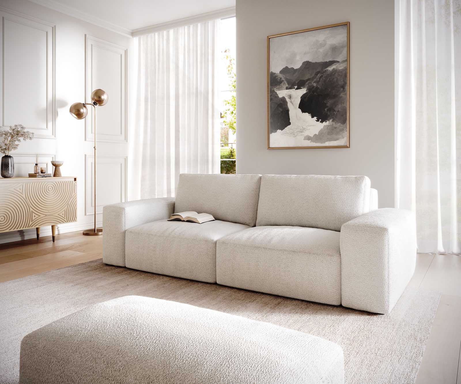 Big canapé Lanzo 230x95 cm bouclé blanc crème avec pouf
