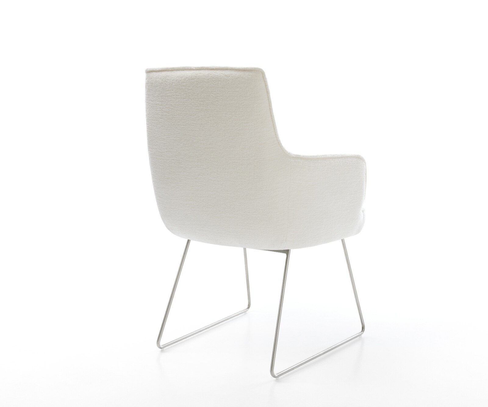 Chaise-de-salle-à-manger Heira-Flex avec accoudoirs bouclé doux beige pied trapèze acier inoxydable resorts ensachés 5