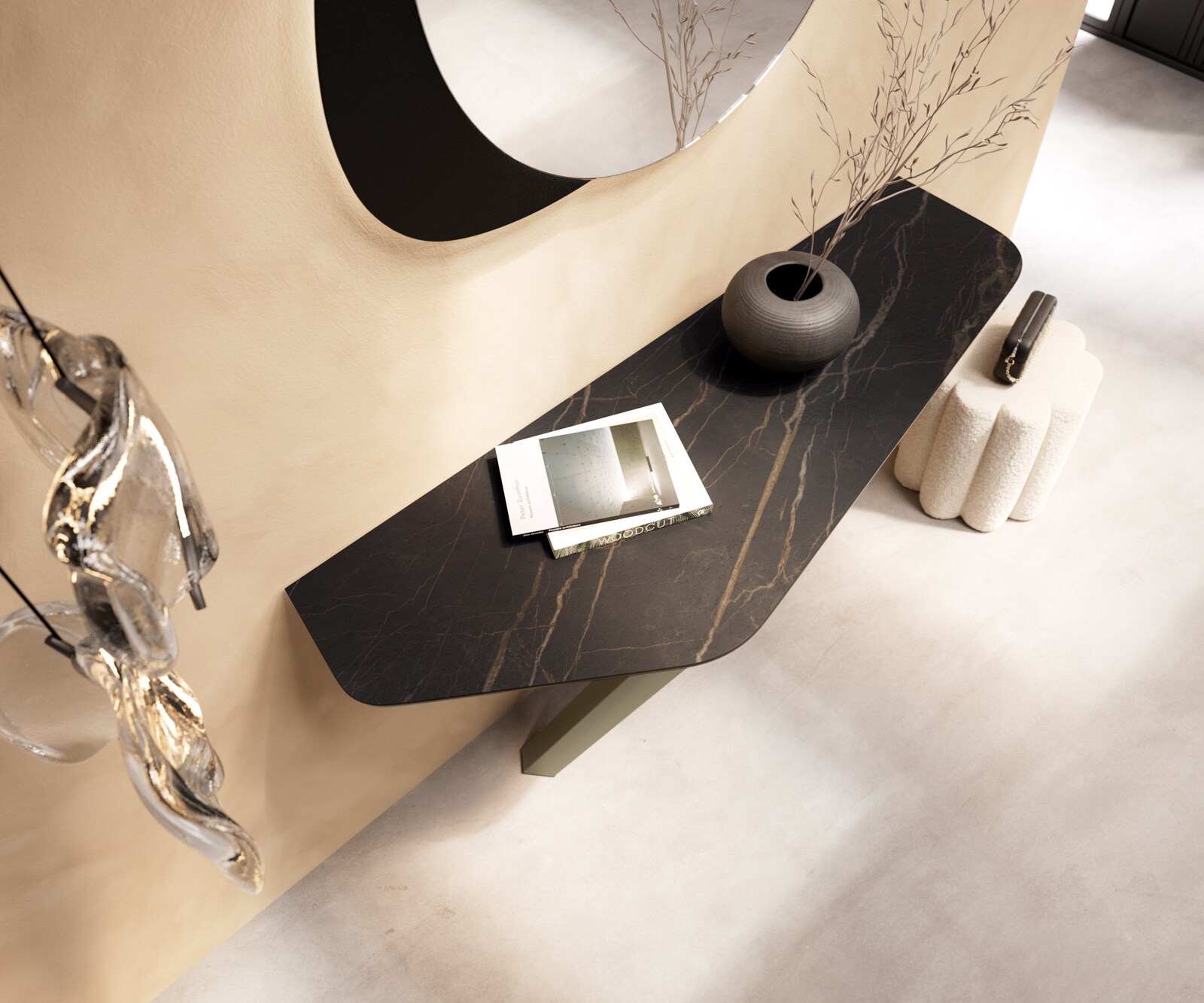 Console Edge Polygonal 140x50 cm Céramique Laminam® Noir Desir Braun Zentharo Métal Effektfinish Titan 2