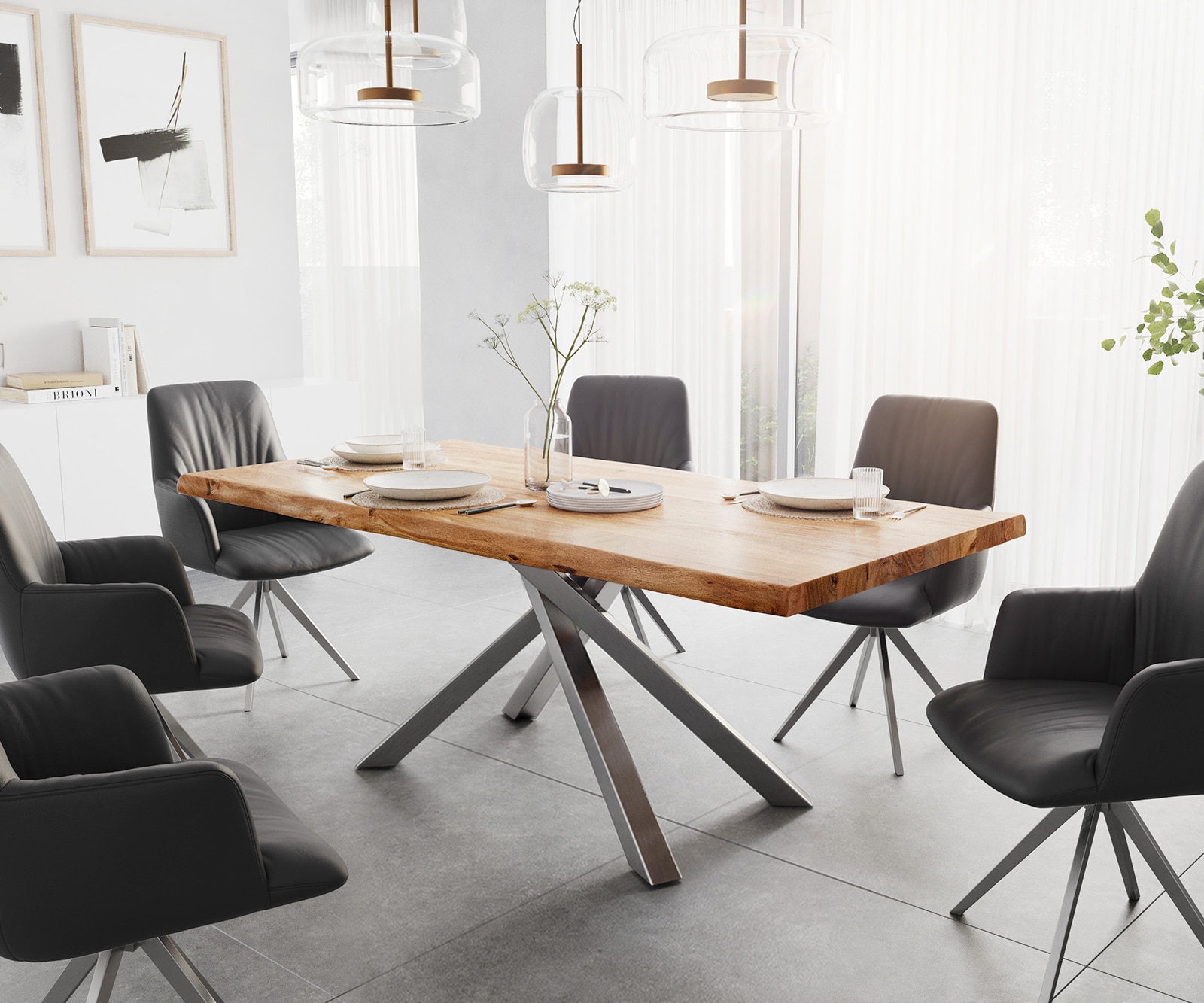 Table à manger Edge 200x100 XL Acacia Naturel cadre croisé Rectangle Acier inoxydable Live-Edge