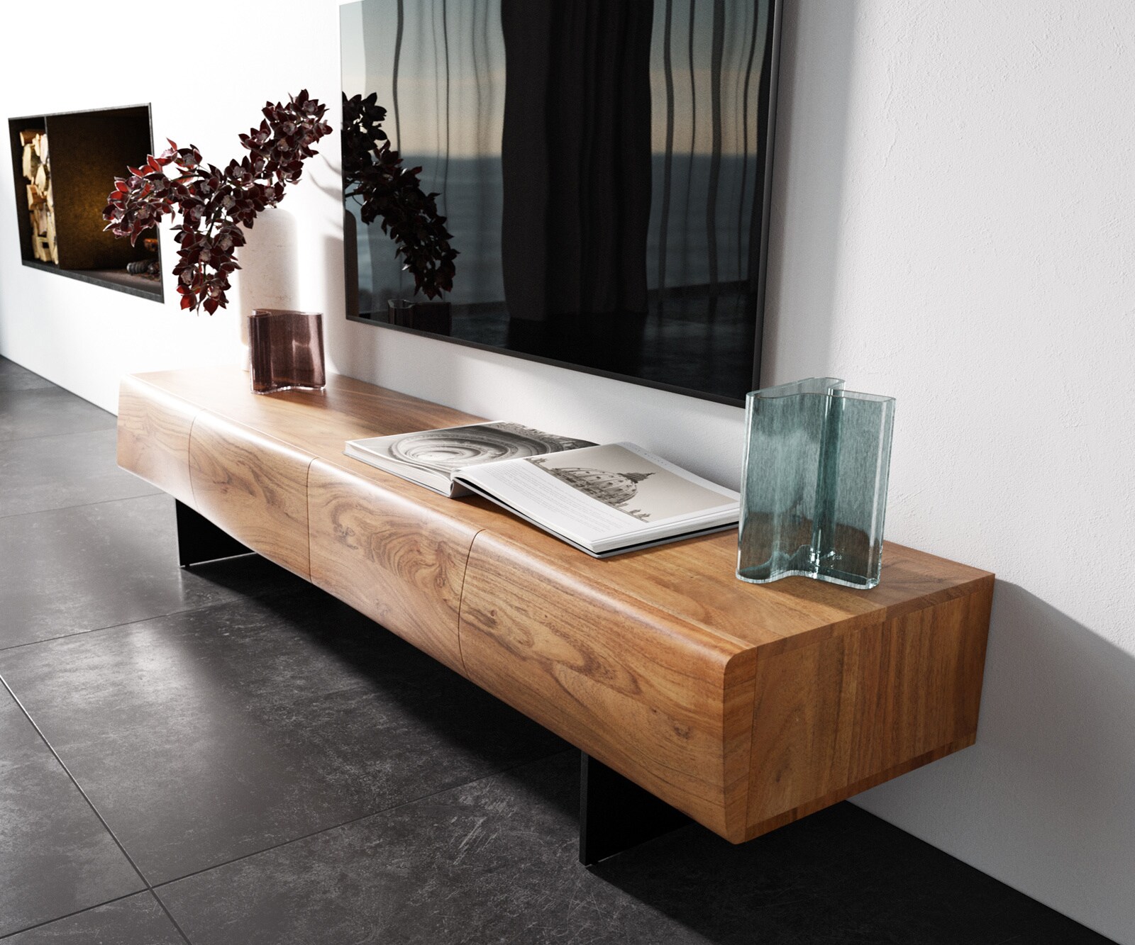 Meuble - TV  New Live-Edge 175 cm acacia naturel 4 portes pied flottant métal noir 2